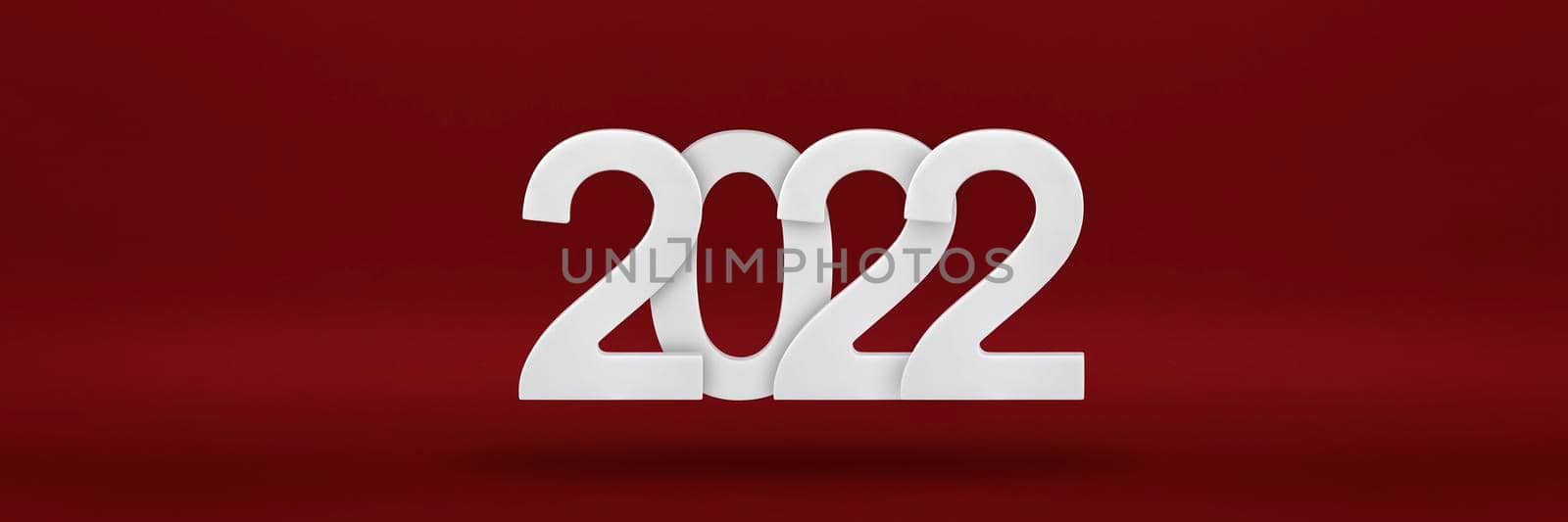 Happy New Year 2022 greeting template. Festive 3d banner with white numbers 2022 on a red background. Festive poster or banner design. Happy new year modern background.