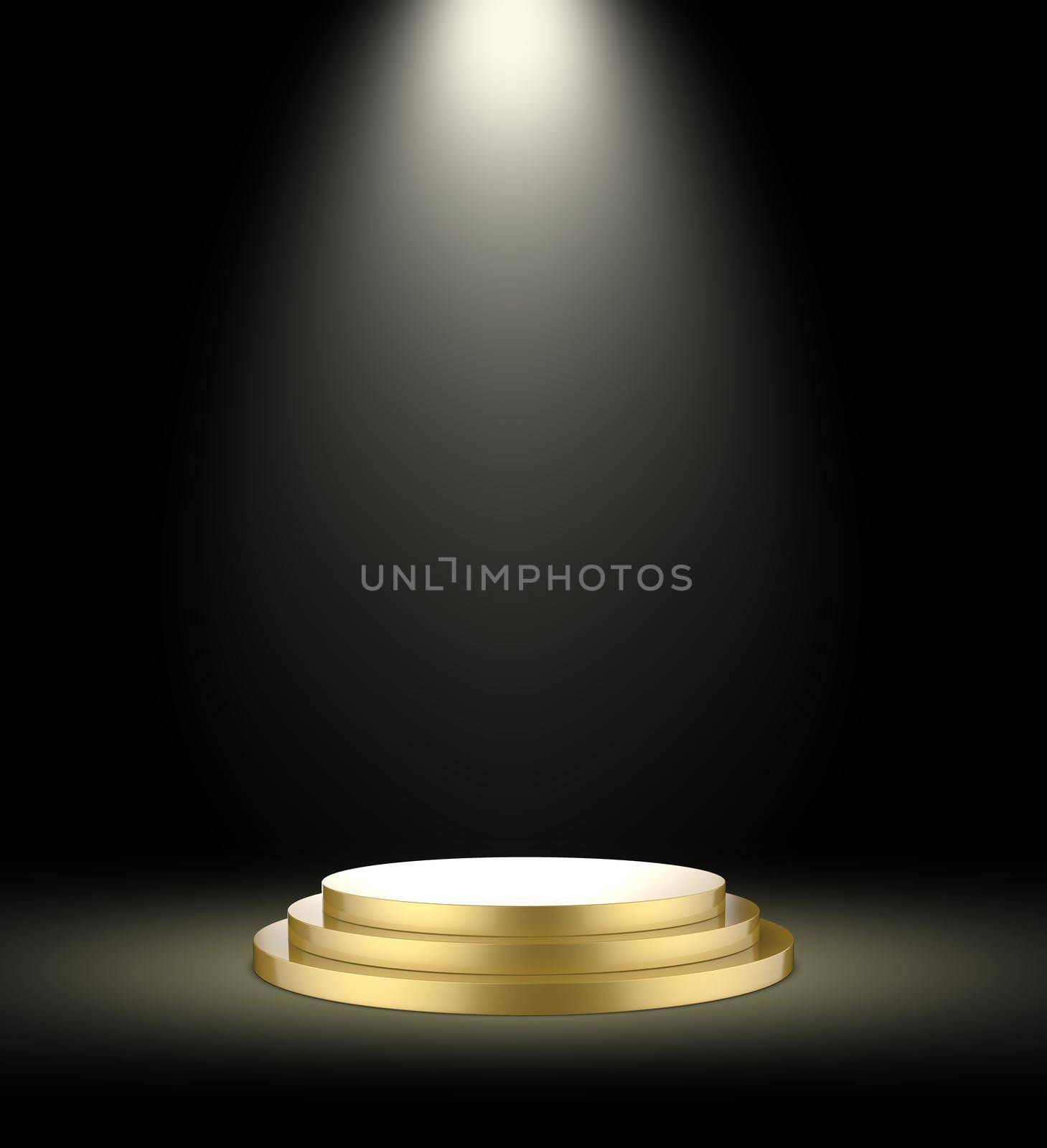 Golden podium on a dark background with spotlight. 3d illustration
