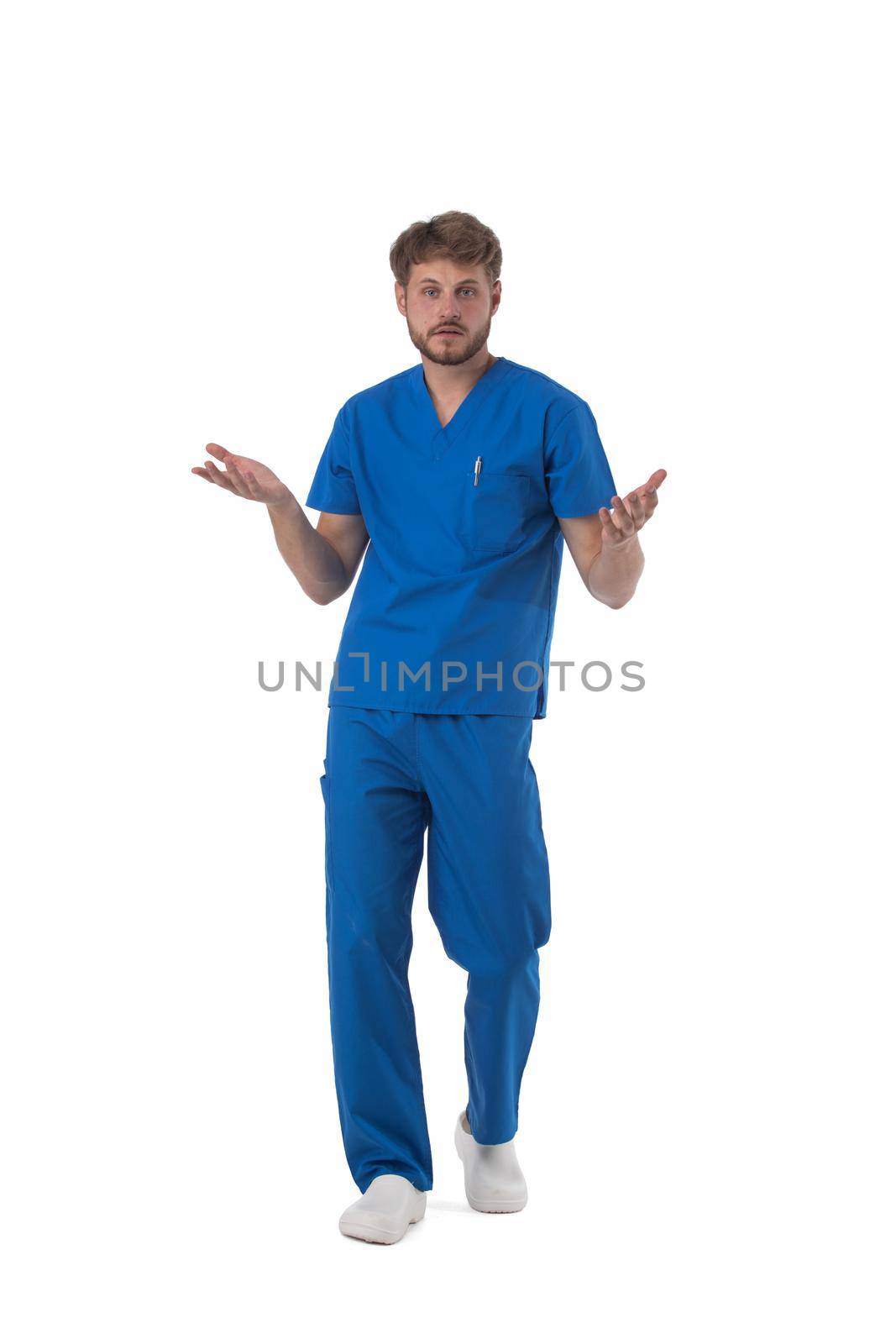 Confused male nurse on white by ALotOfPeople