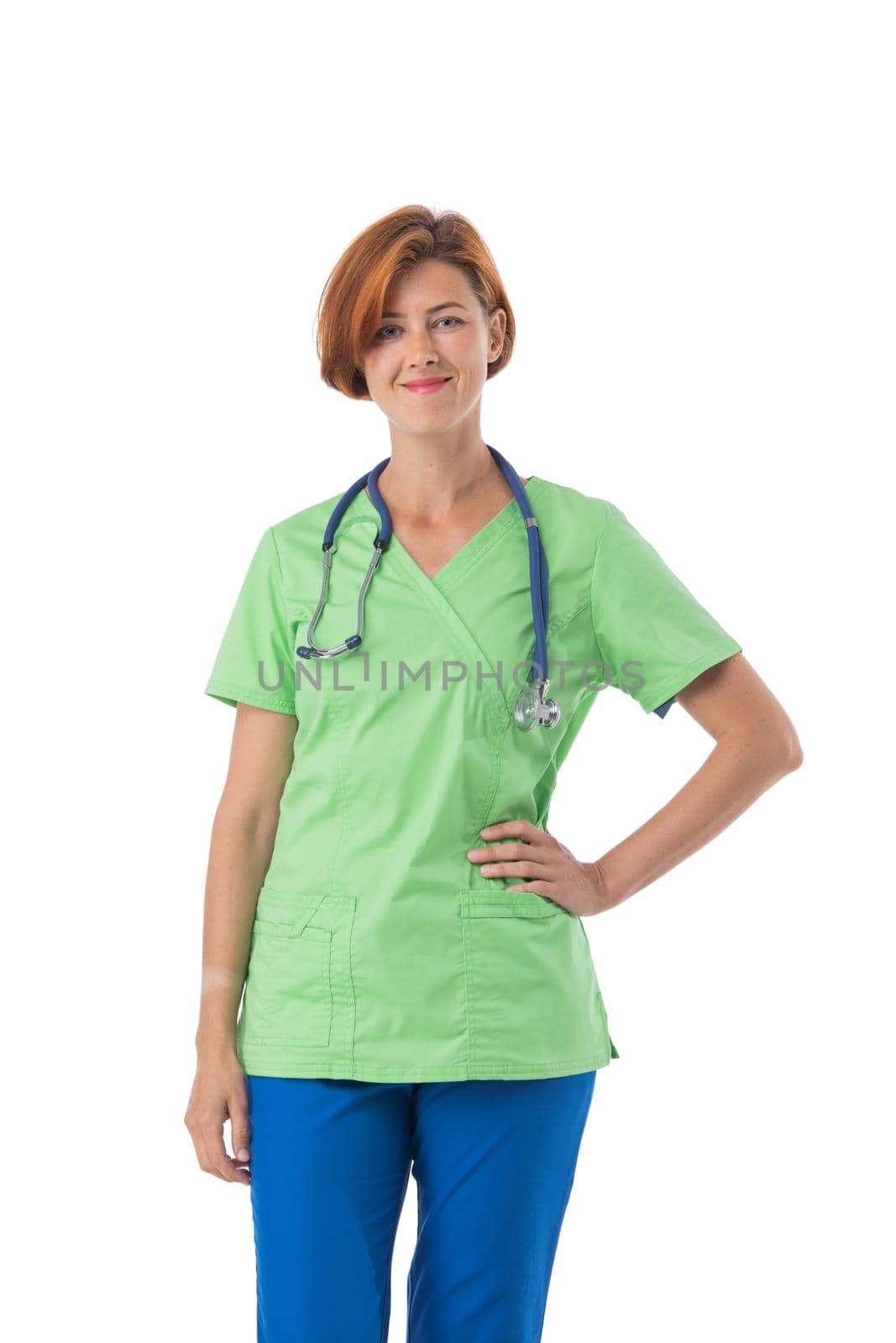 Medical nurse isolated on white background. Female medical professional doctor smiling happy and joyful