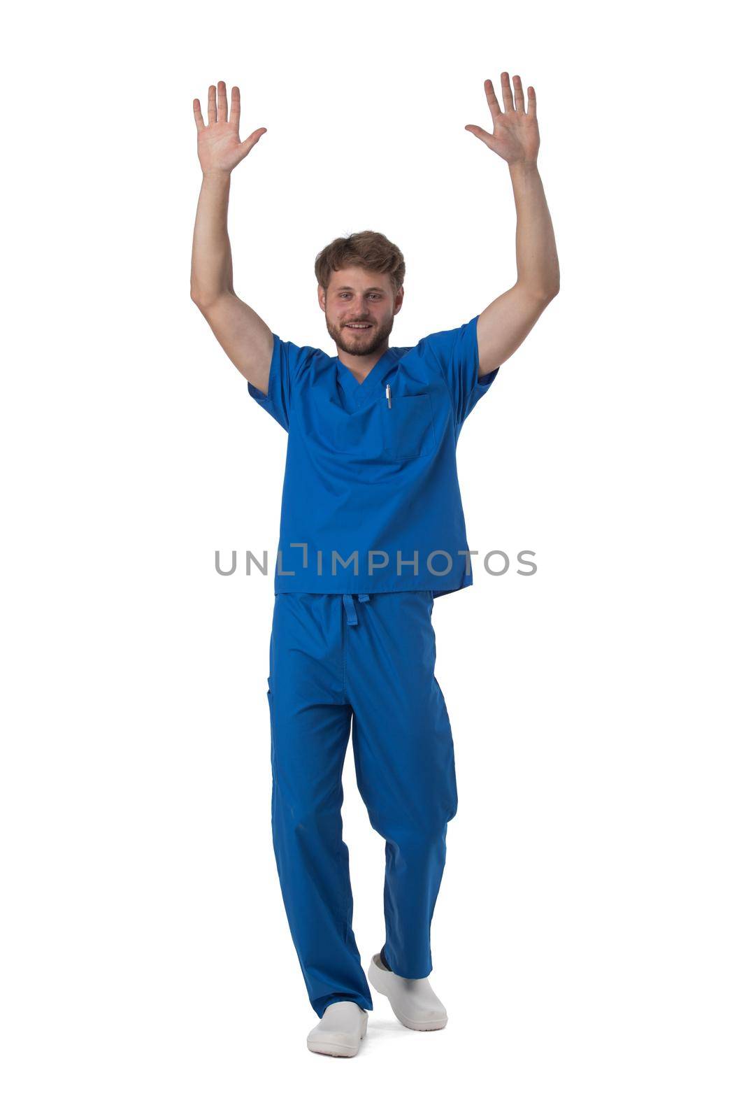 Healthcare worker with raised arms by ALotOfPeople