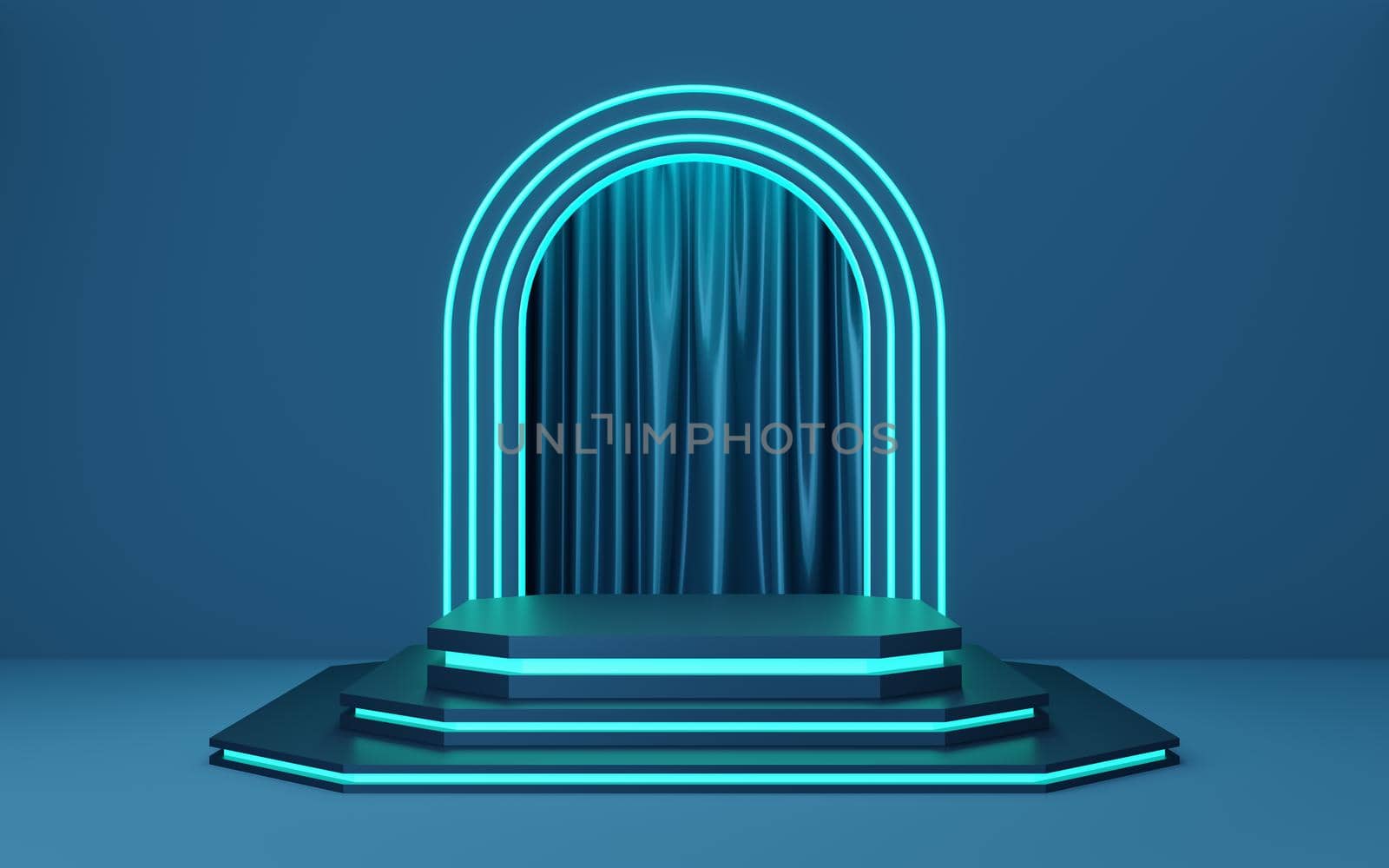 Empty blue octagonal shape podium with neon lighting border and arch, curtain background. Pedestal mockup space for modern and technology. Mockup space of product design. 3d rendering. by media-ja