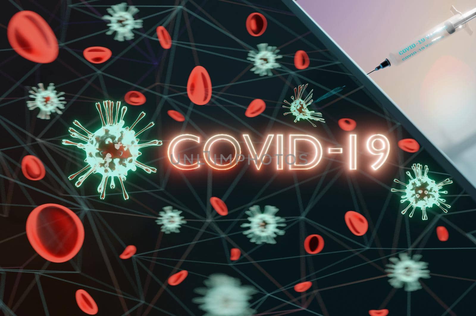 3d illustration. viruses covid-19 are destroyed by drugs by syringing. by Hepjam