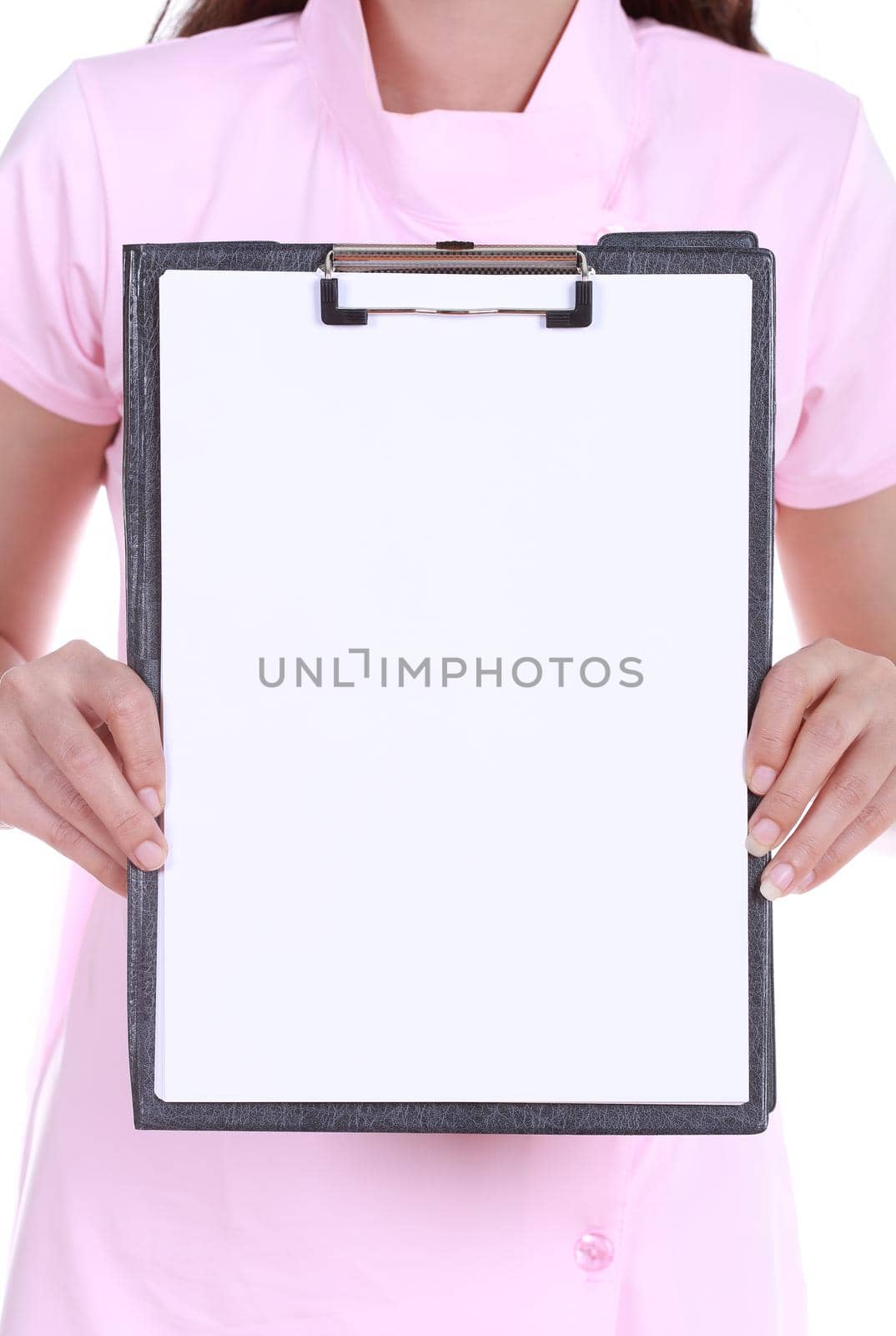 Blank medical clipboard with nurse isolated on white background