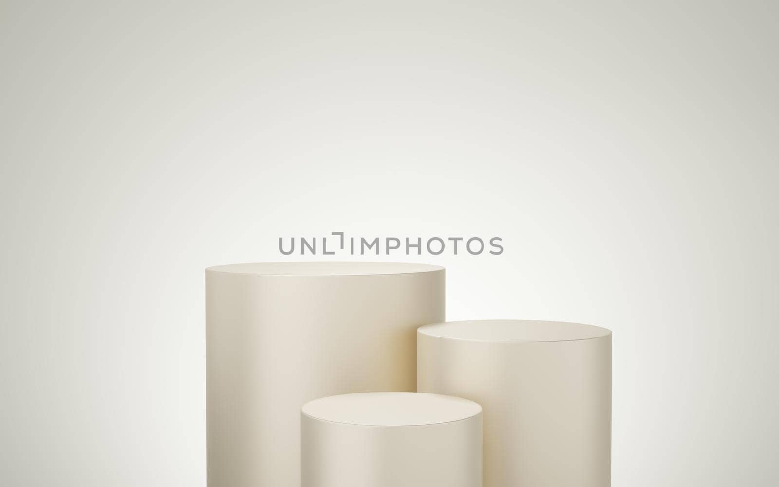 3 Empty yellow or cream cylinder podium floating on bone white copy space background. Abstract minimal studio 3d geometric shape object. Pedestal mockup space for display of product design. 3d render.