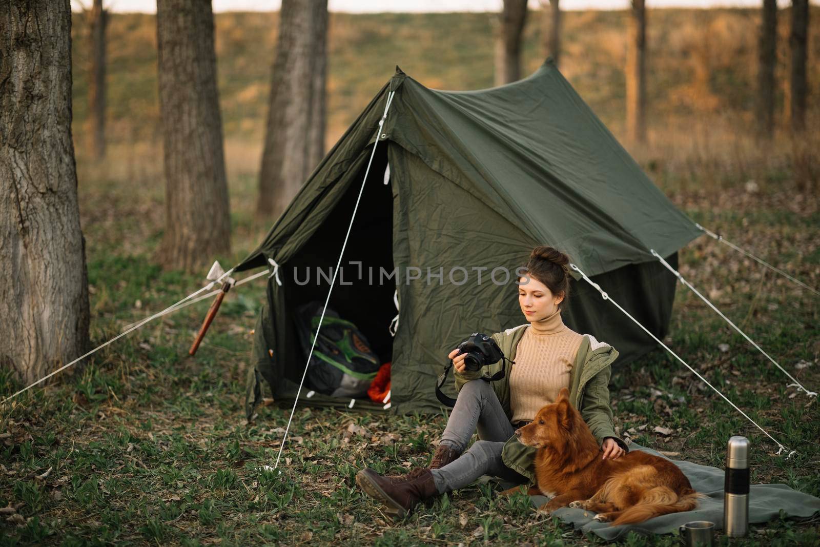 full shot woman dog near tent by Zahard