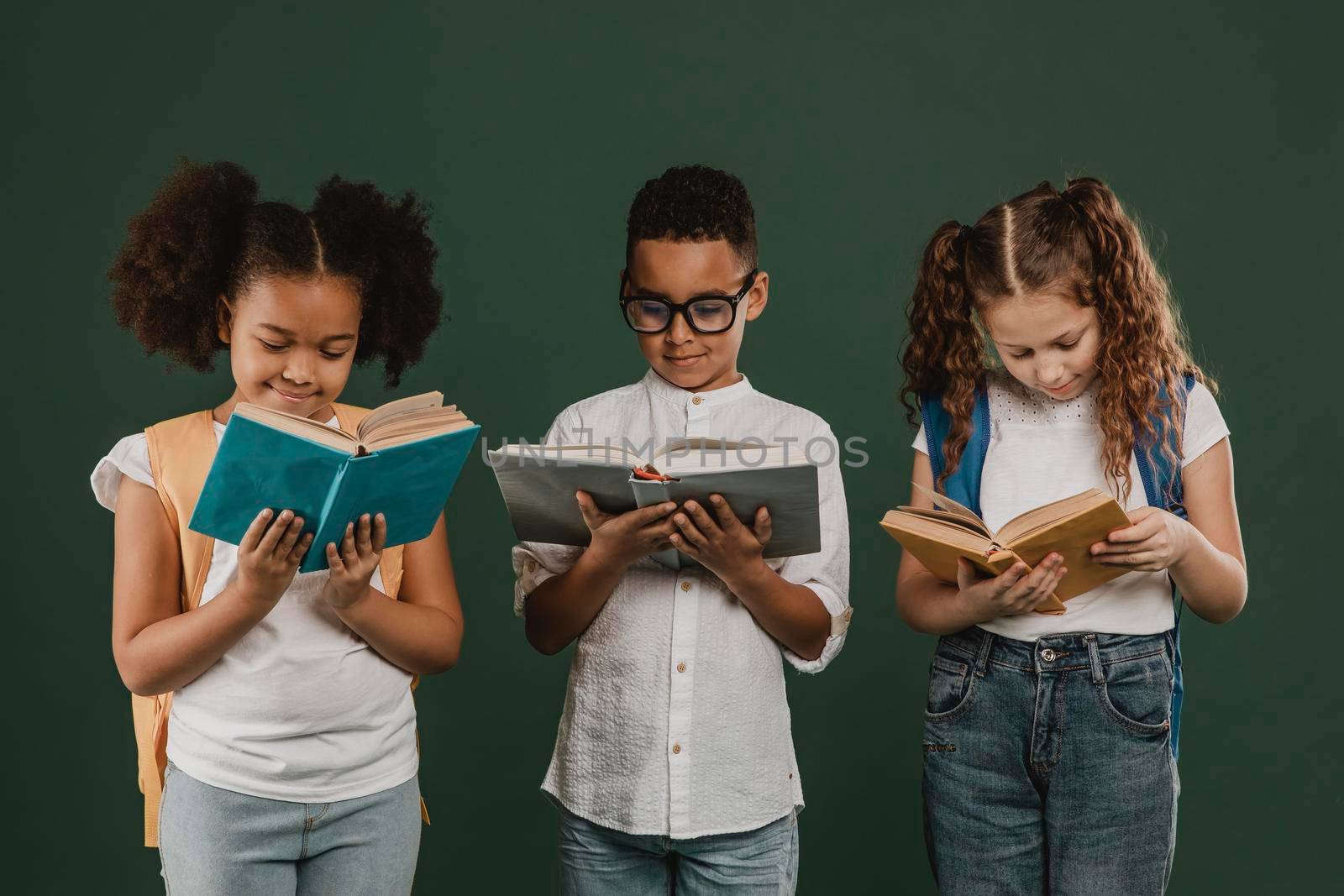 front view school kids reading