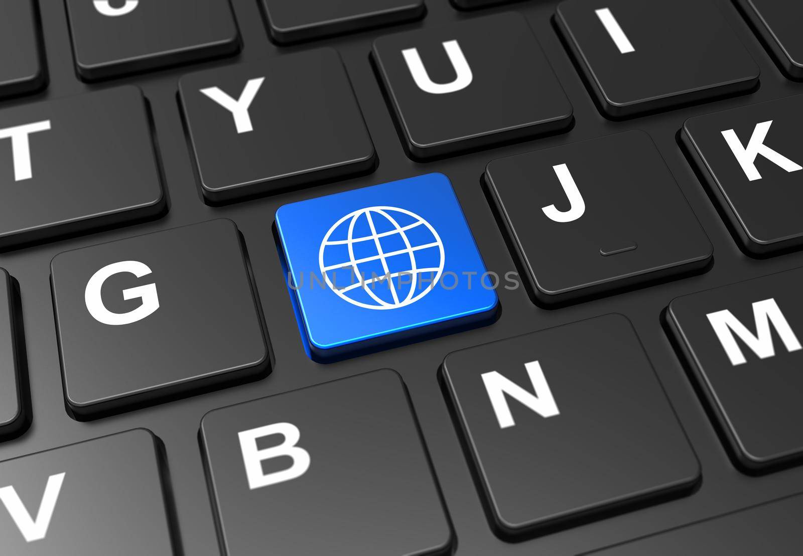 Close up blue button with world sign on black keyboard: 3D illustration