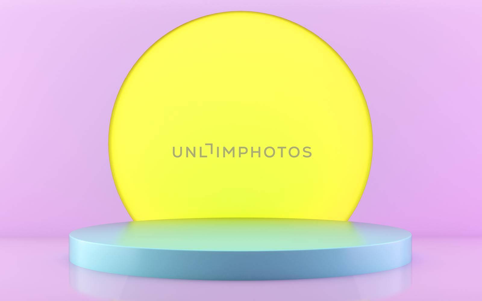 Blue podium with pink and yellow background. 3d illustration