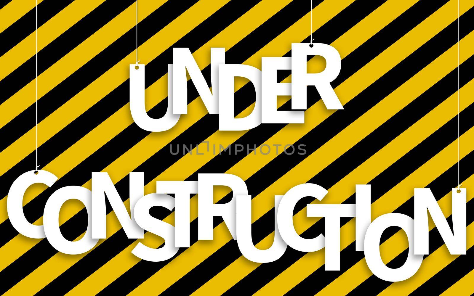 Under Construction text hanging on ropes on a yellow and black background: 3D illustration