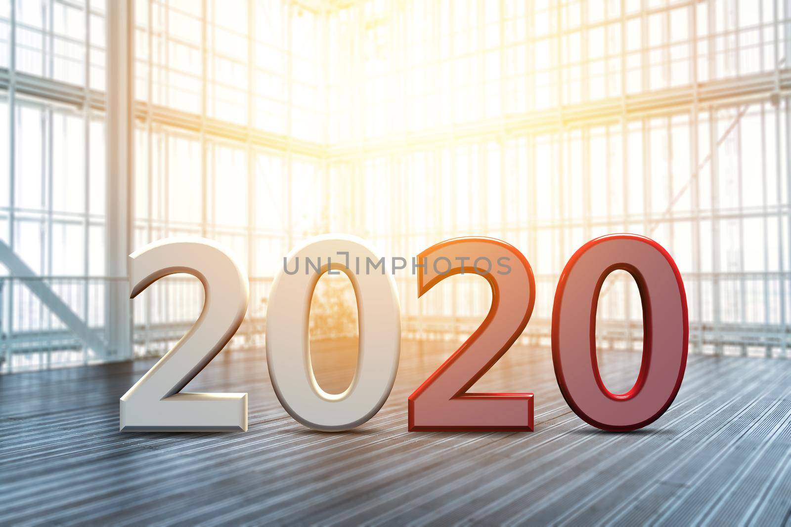 New year 2020 in a sunny room: 3d illustration