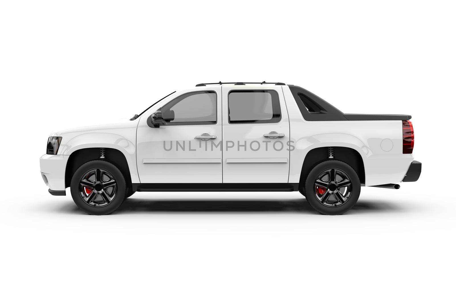 Lateral view of a generic unbranded white truck car, mockup, 3D illustration