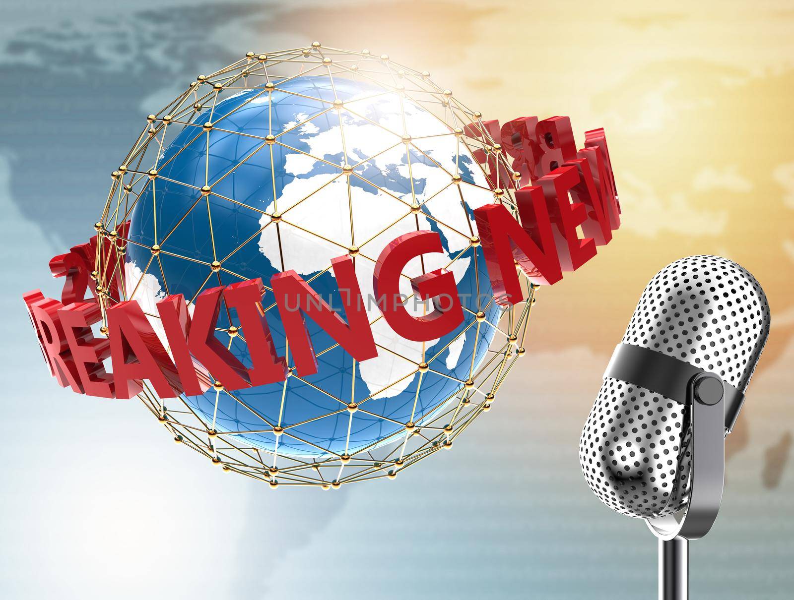 Breaking News with microphone and planet: 3D illustration