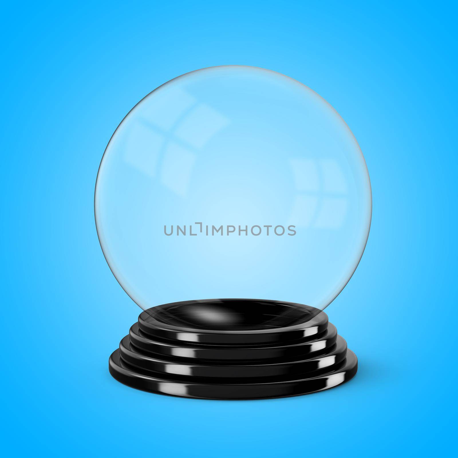 Glass crystal ball mounted on a black painted wooden base. 3D illustration