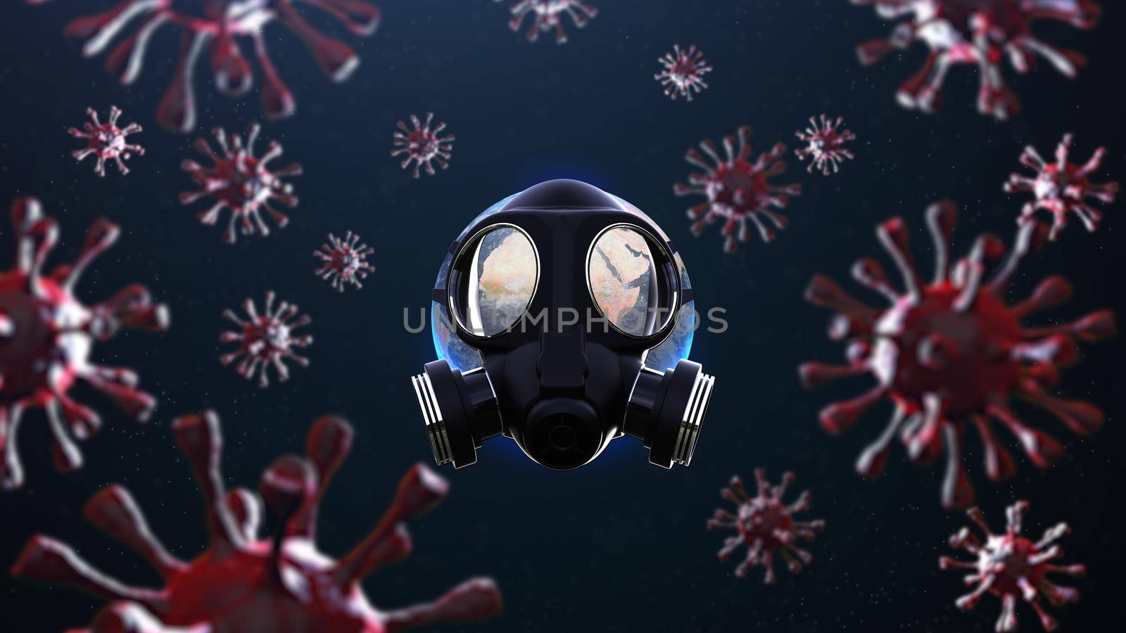 Planet earth with gas mask protect surrounded by viruses: 3D illustration