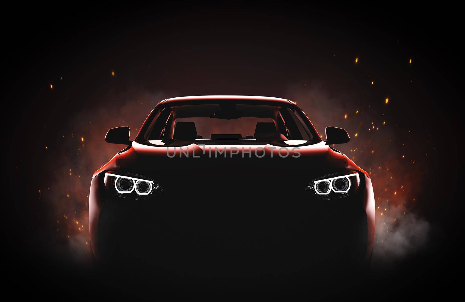 Generic and brandless modern sport car with fire and smoke: 3D illustration