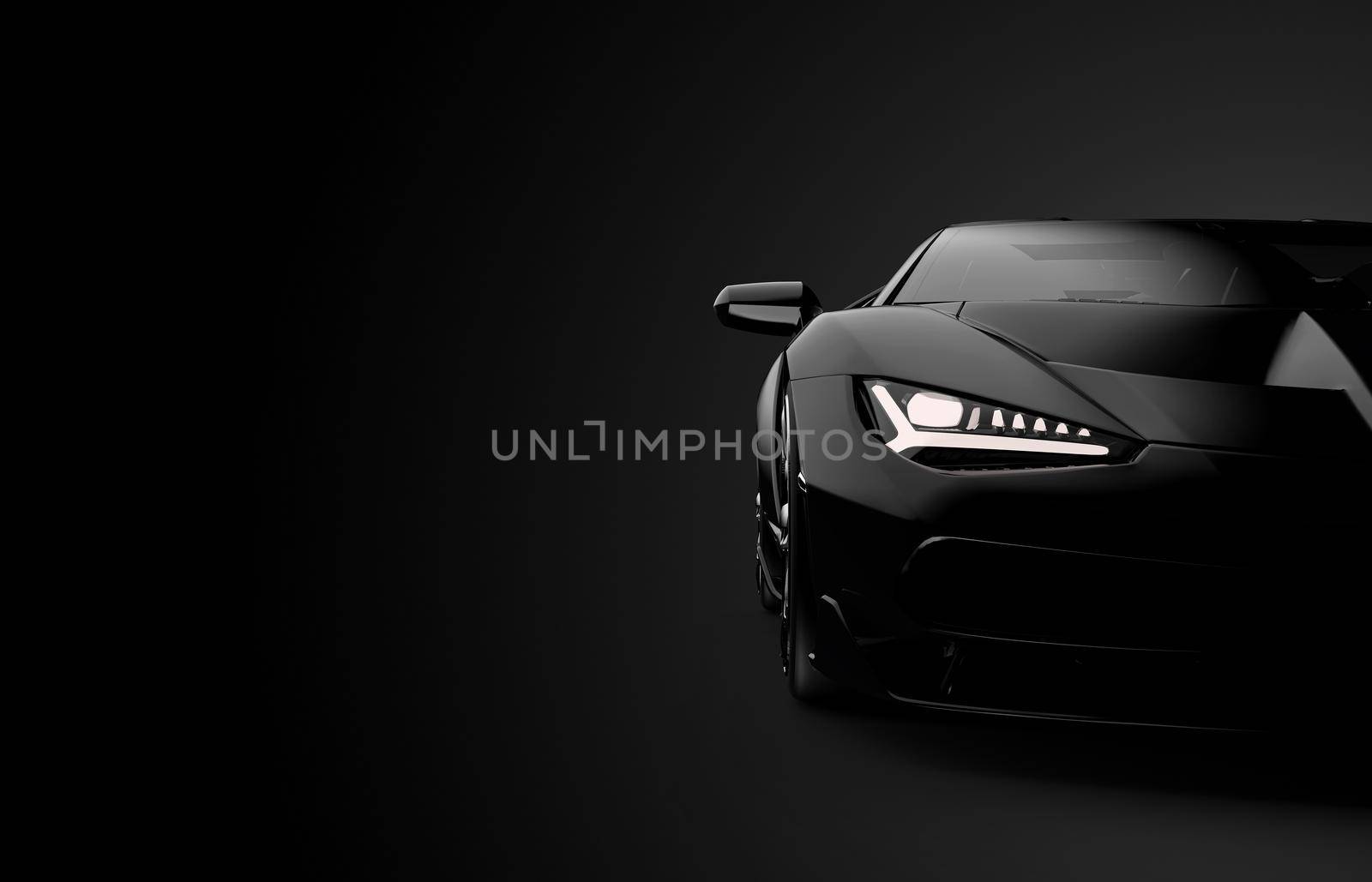 Front view of a generic and brandless modern sport car on a black background. 3D illustration