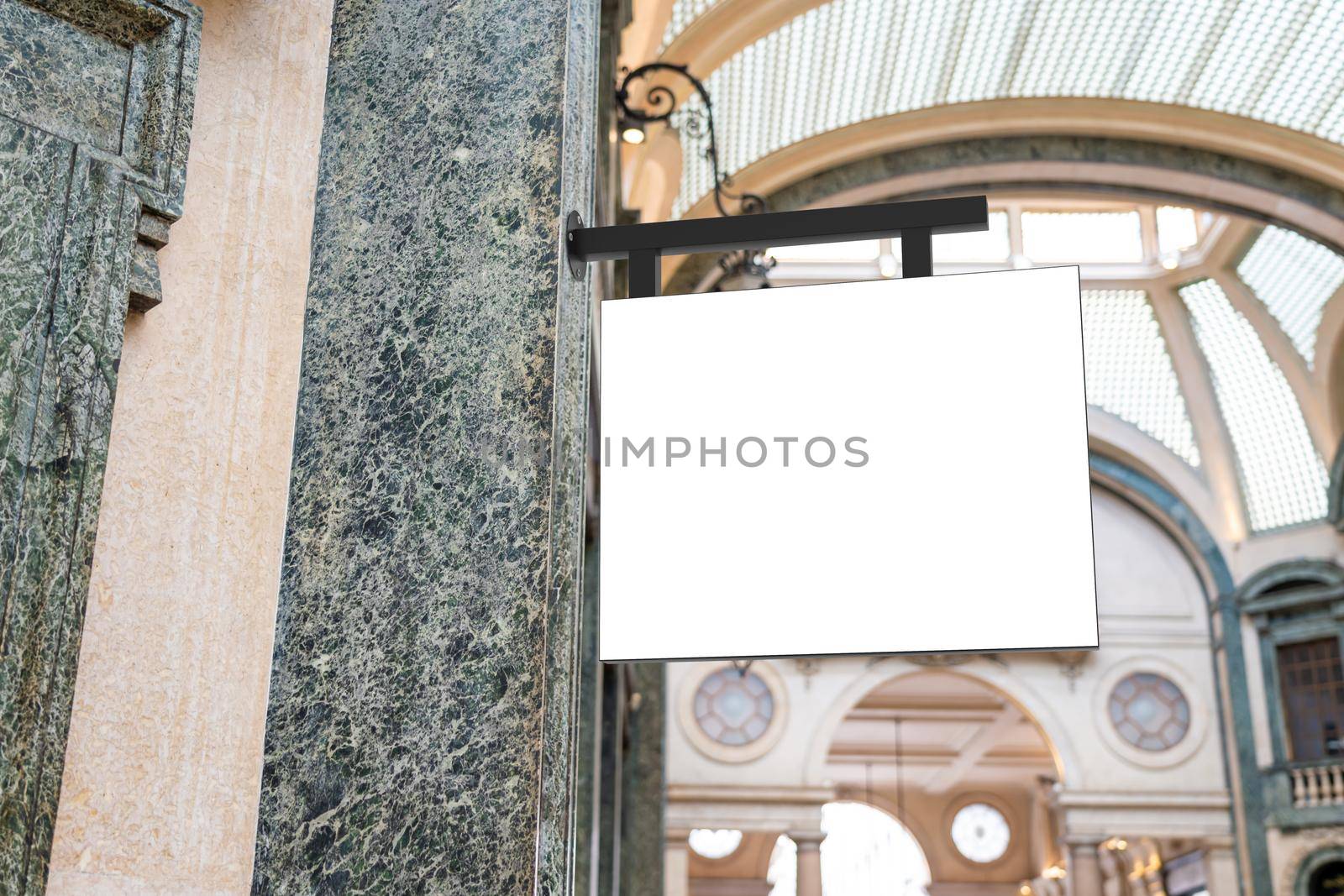 Square white company sign mockup on marble in a luxury gallery