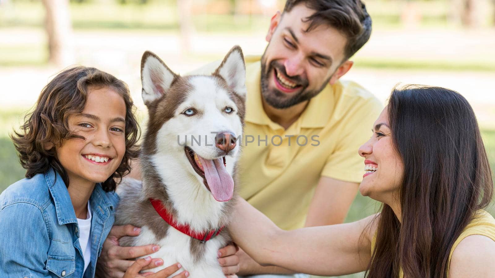 happy boy posing park with dog parents by Zahard