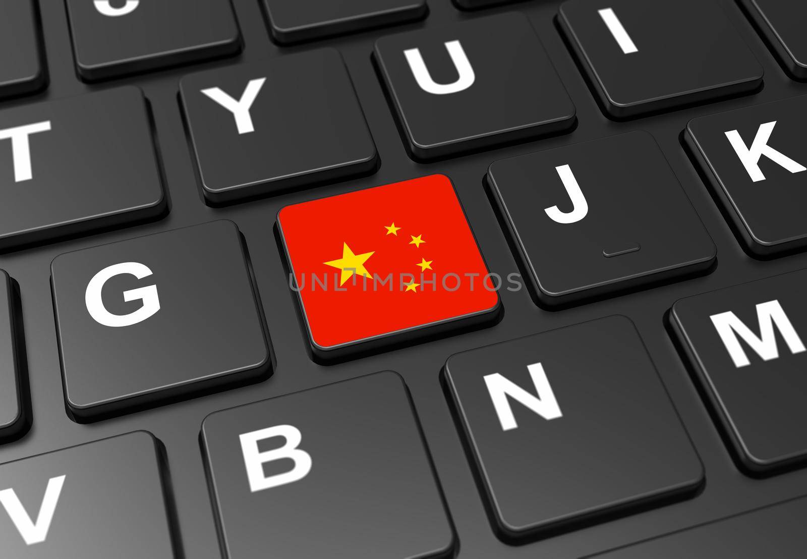 Close up of button with China flag on black keyboard: 3D illustration