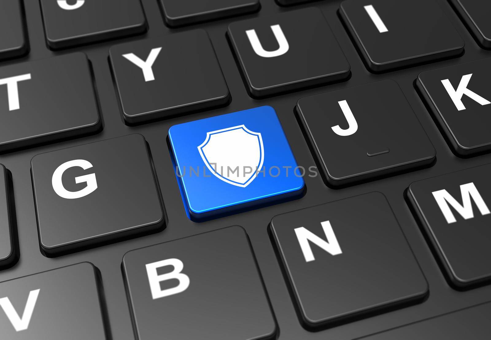 Close up blue button with shield sign on black keyboard: 3D illustration