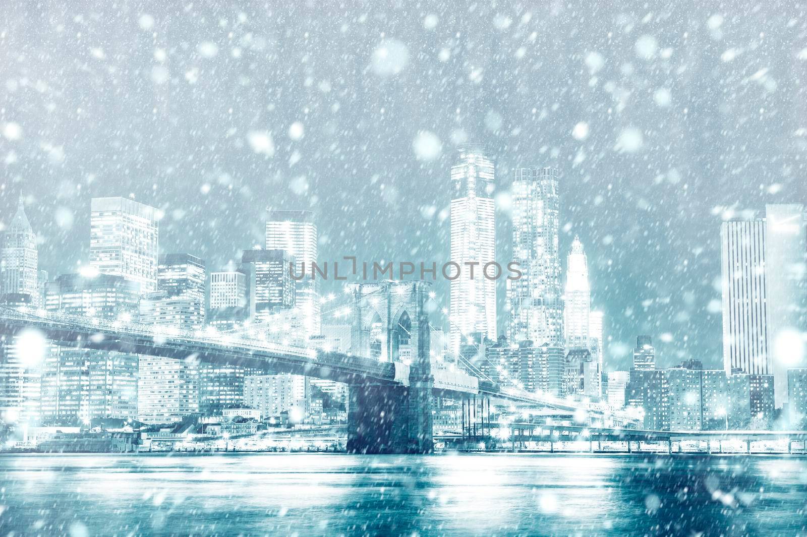 View of New york skyline with snow, USA