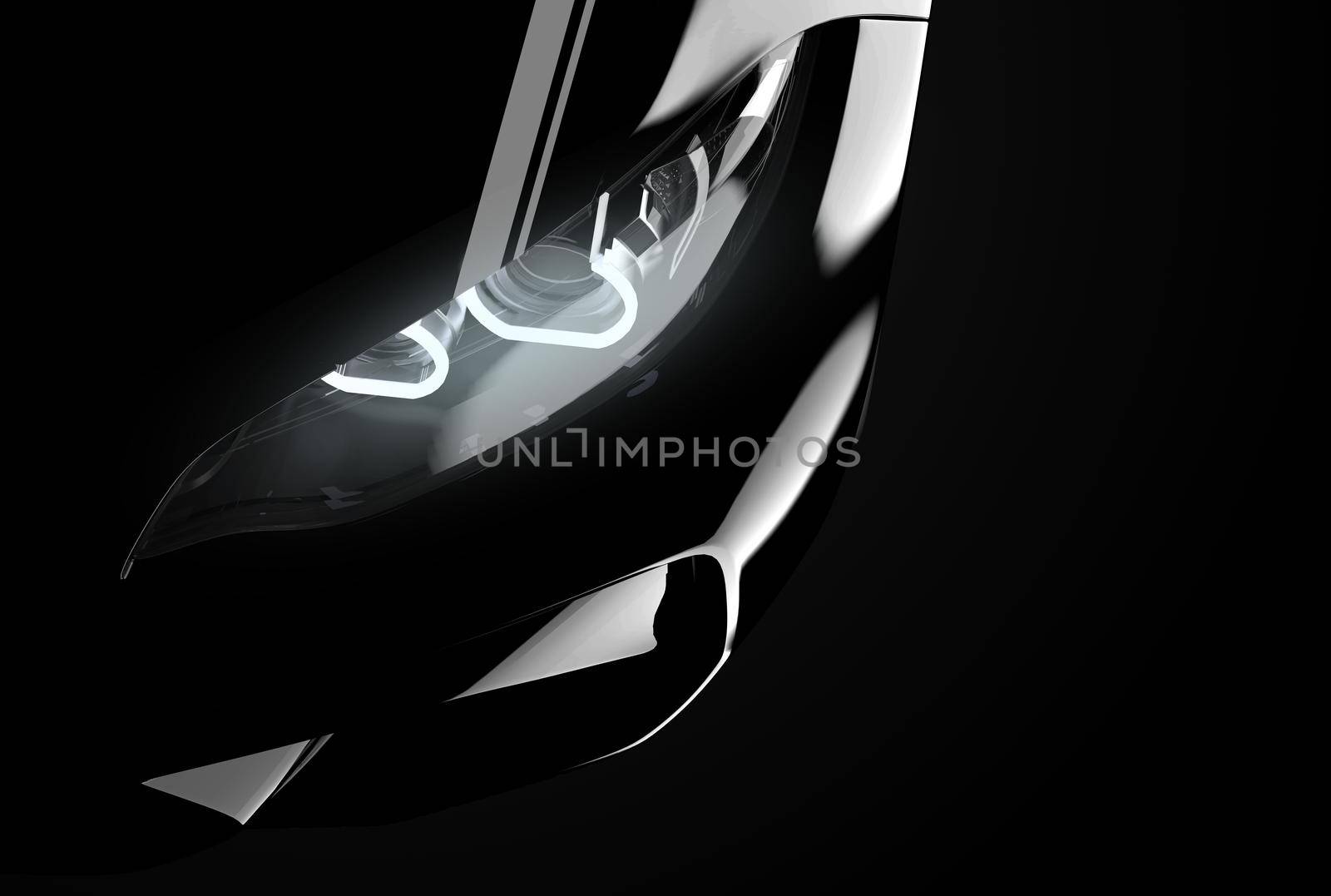 Close up on headlight of a generic and brandless modern black car. 3D illustration