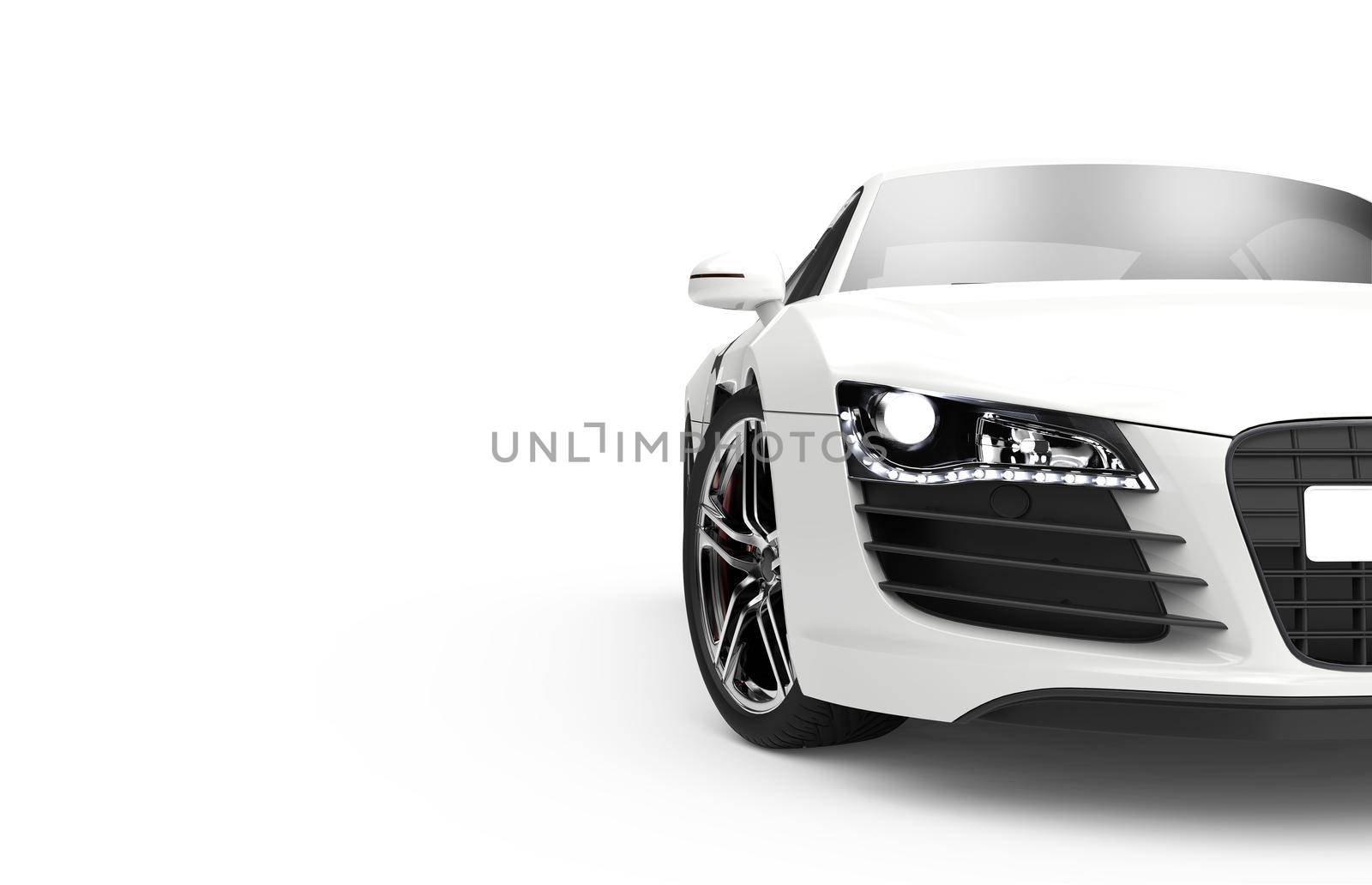 Front view of a generic and brandless modern car on a white background. 3d illustration