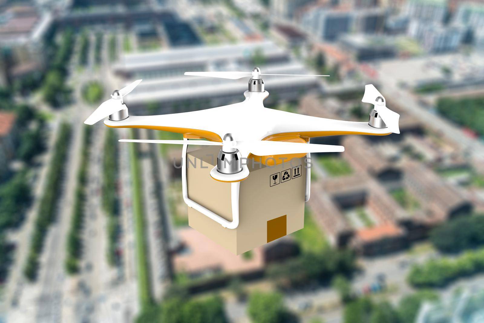 Drone with a delivery box package flying over a big city: 3d illustration