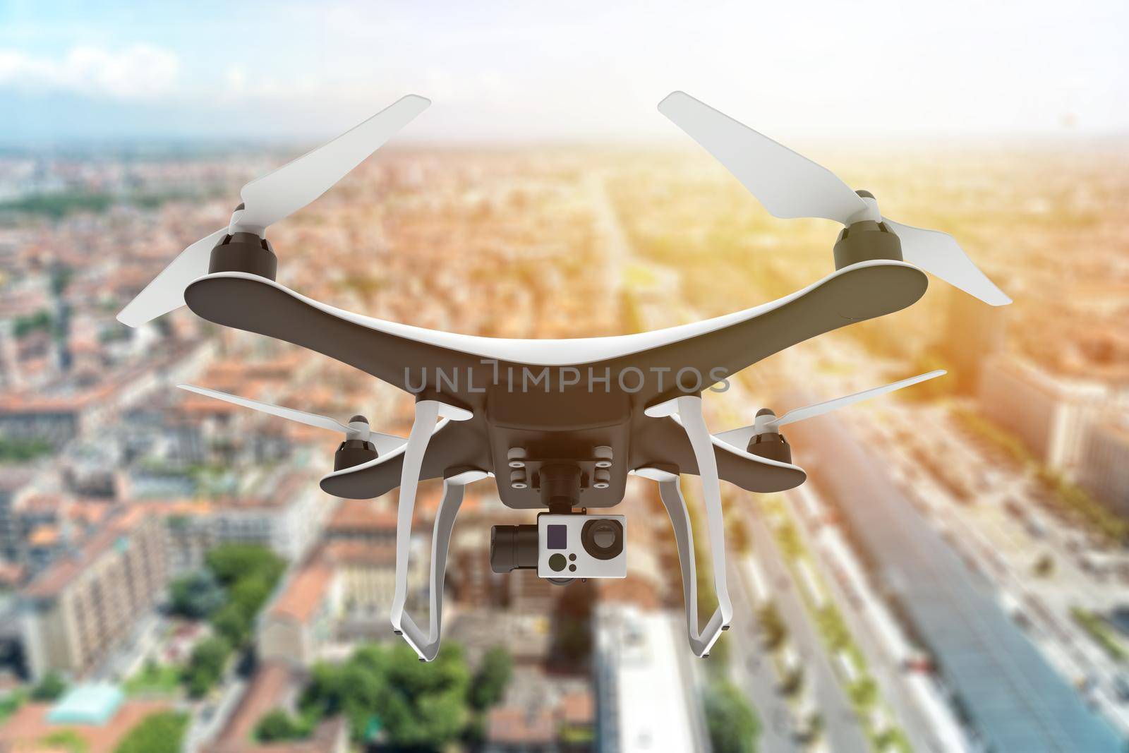 Drone with digital camera flying over a city by cla78