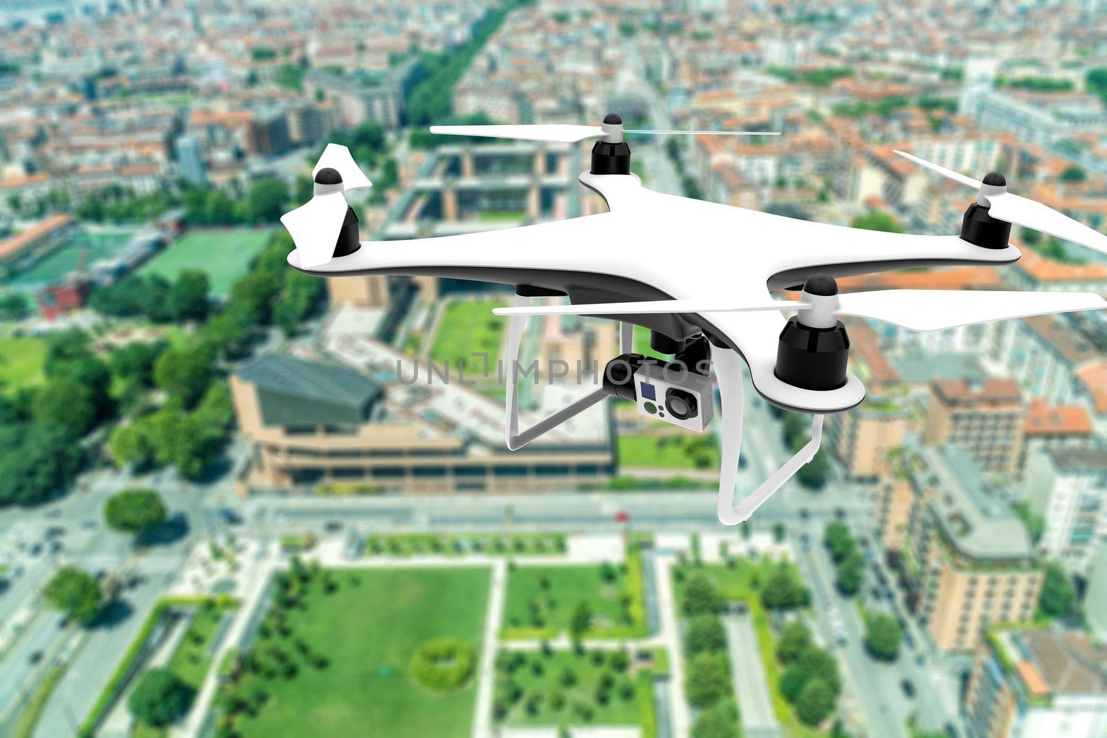 Drone with digital camera flying over a big city: 3d illustration