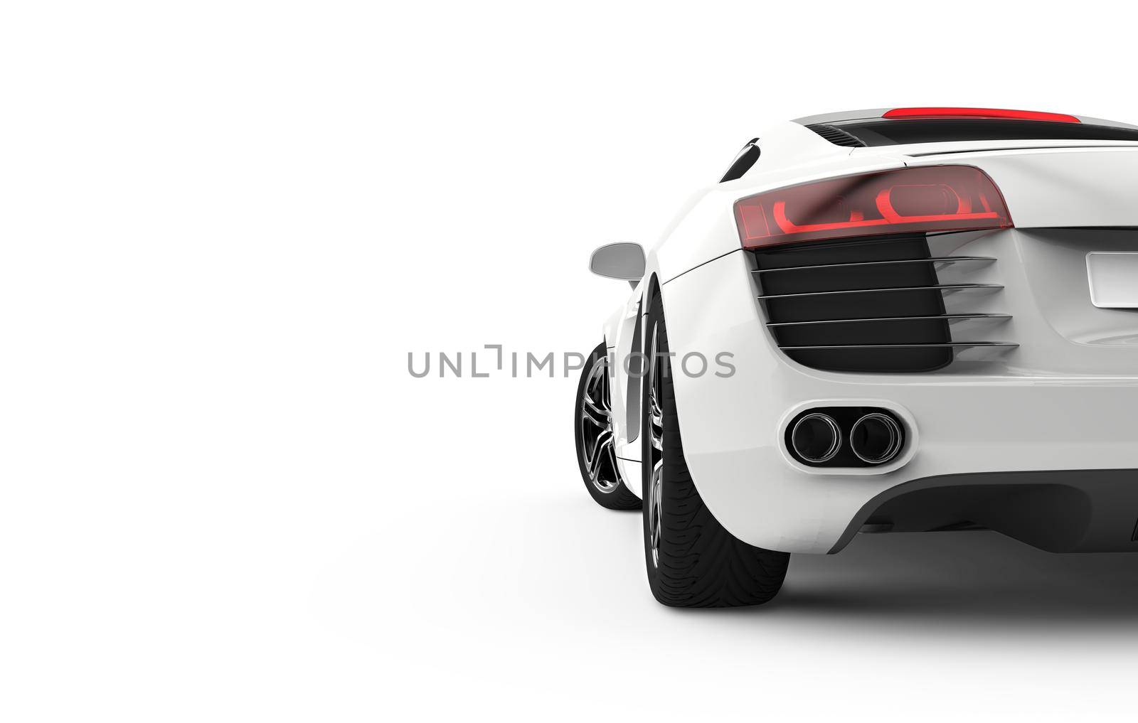 Back view of a generic and brandless modern car on a white background. 3d illustration