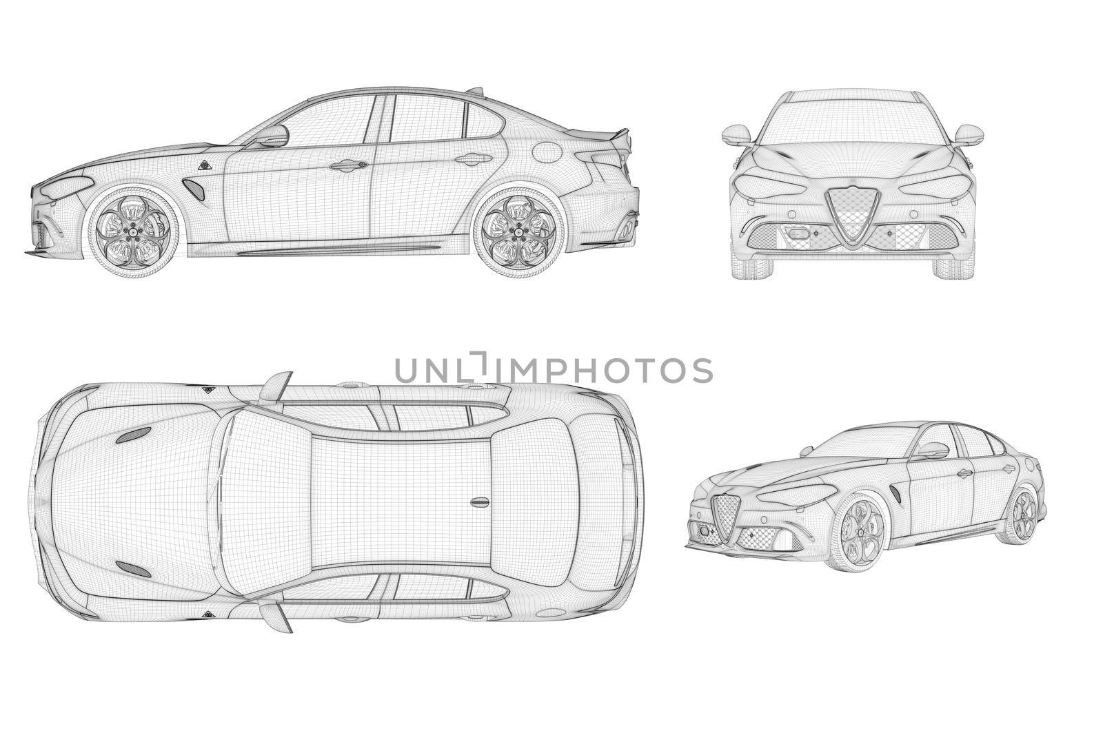 Wireframe generic and brandless car in four view, 3D illustration