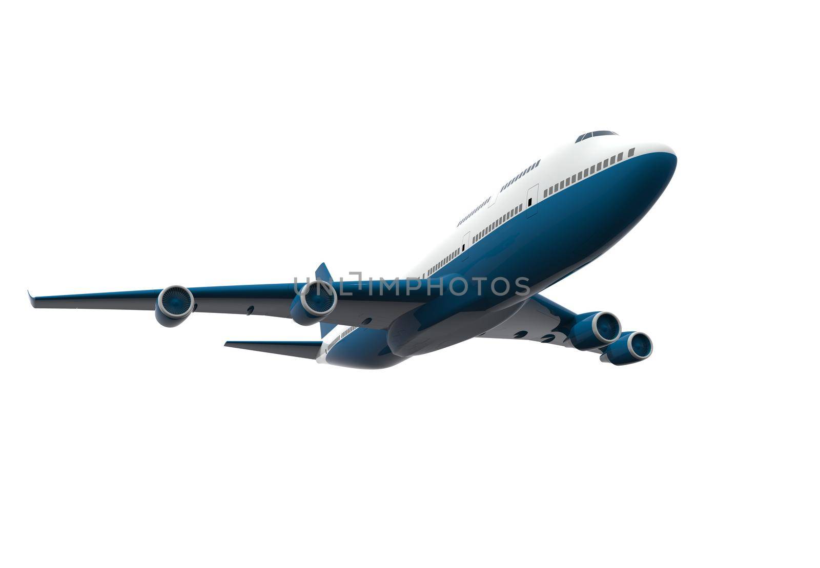 Blue and white airplane isolated on a white background: 3D illustration