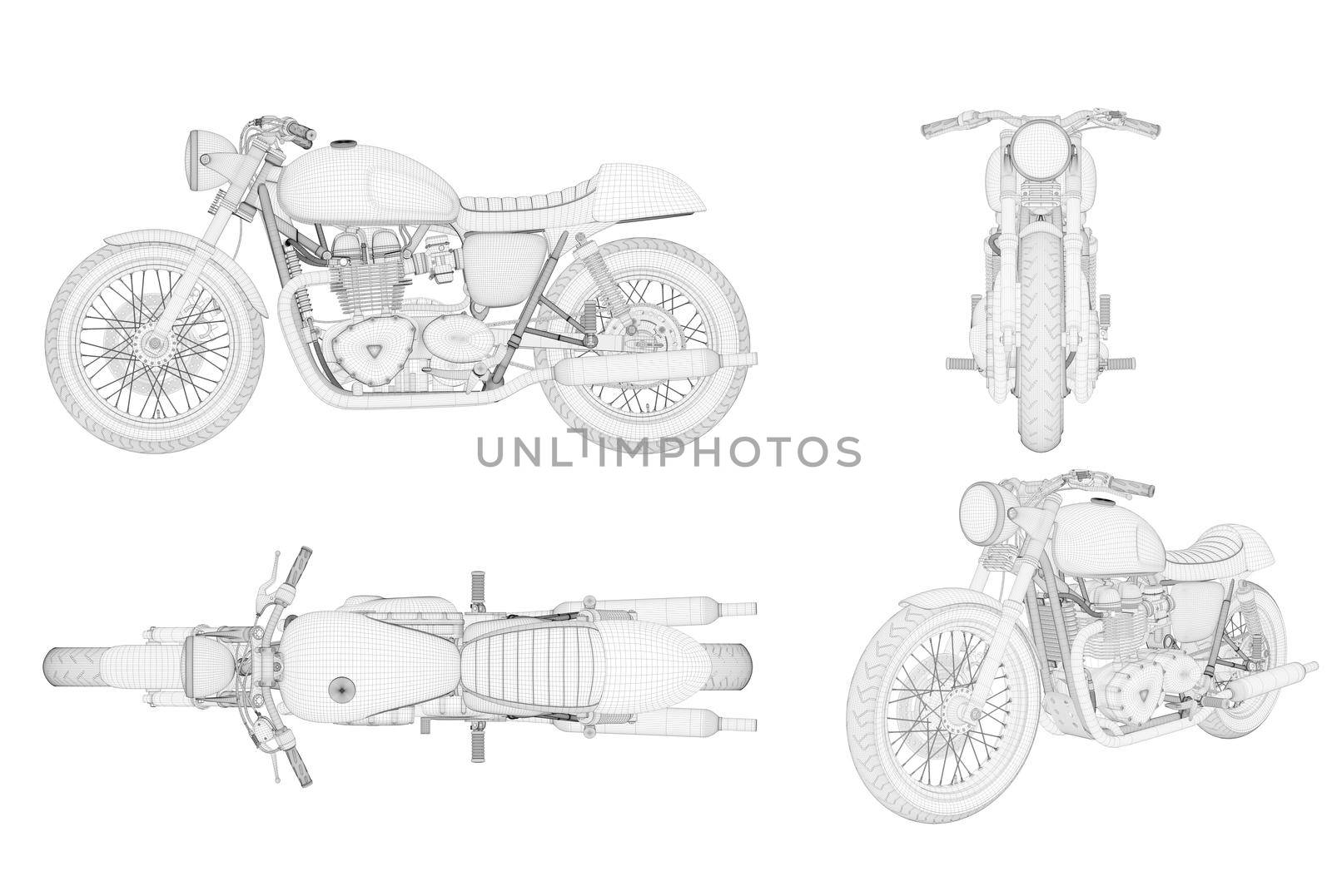 Wireframe generic and brandless motorbike in four view, 3D illustration