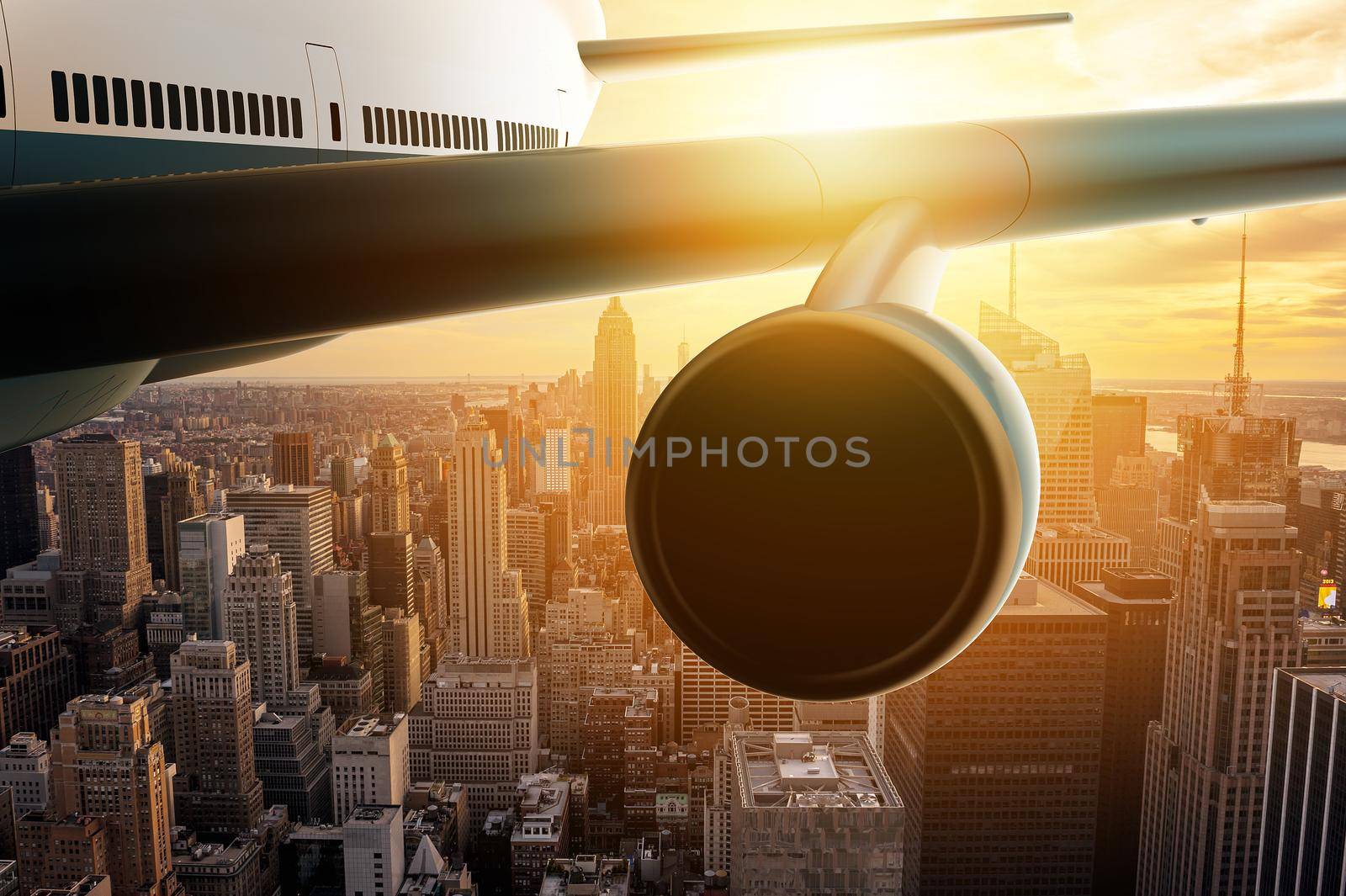 Airplane flying on a big city: 3D illustration