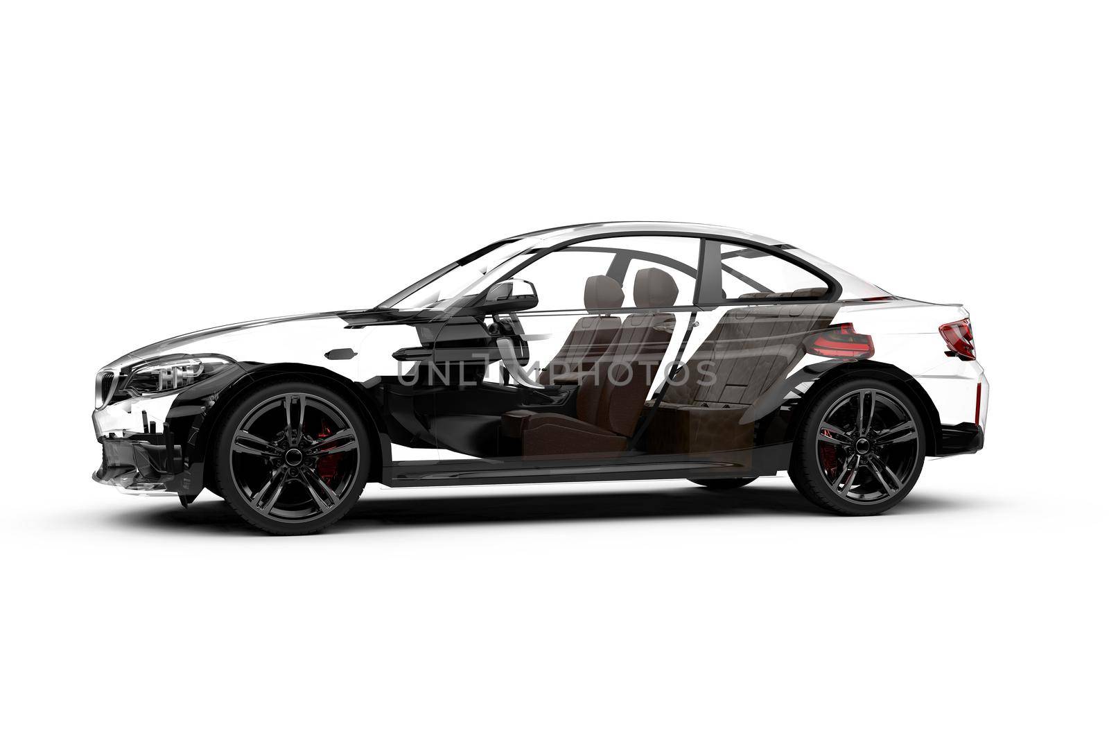 Lateral transparent car on a white background: 3D rendering