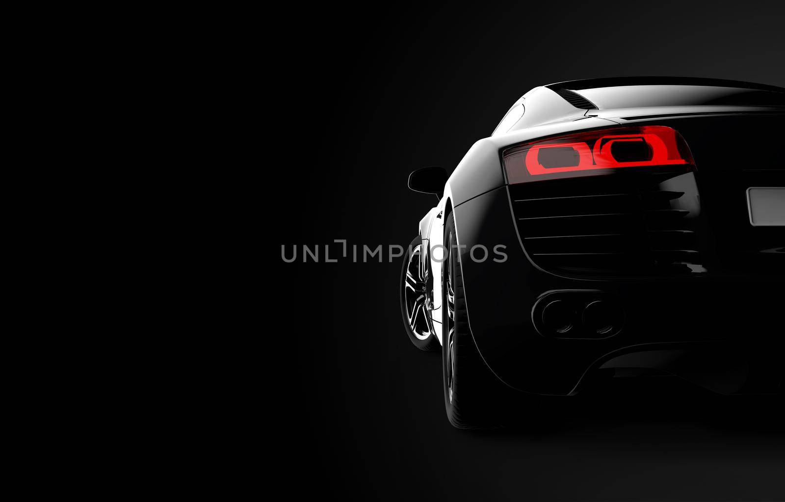 Back view of a generic and brandless modern car on a black background. 3d illustration