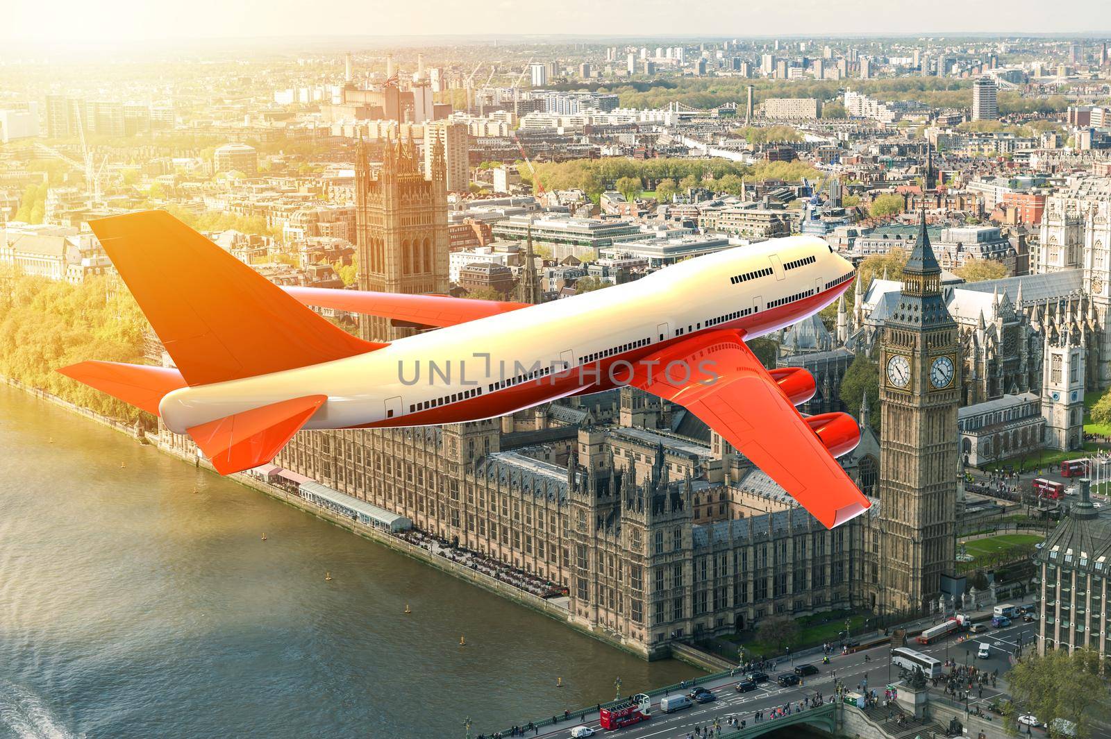 Airplane flying on a big city in the sunset: 3D illustration
