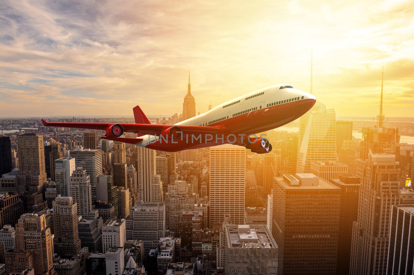 Airplane flying over a metropoly: 3D illustration