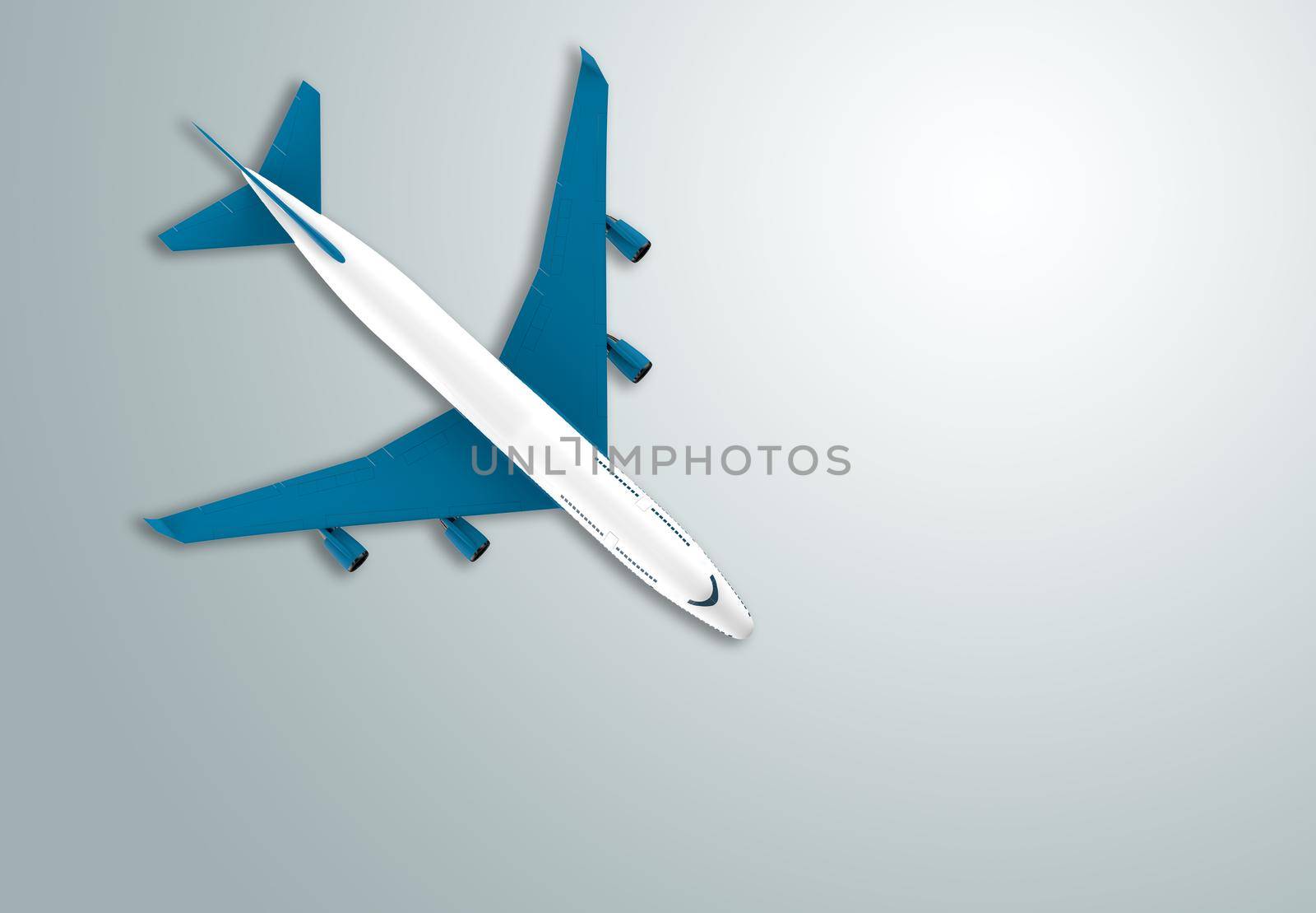Blue and white airplane isolated: 3D illustration
