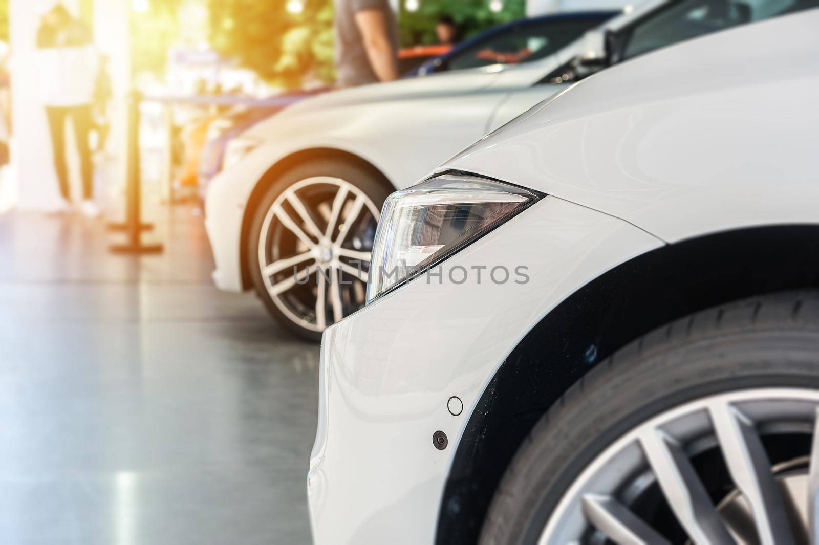 New cars in a showroom with white car in focus