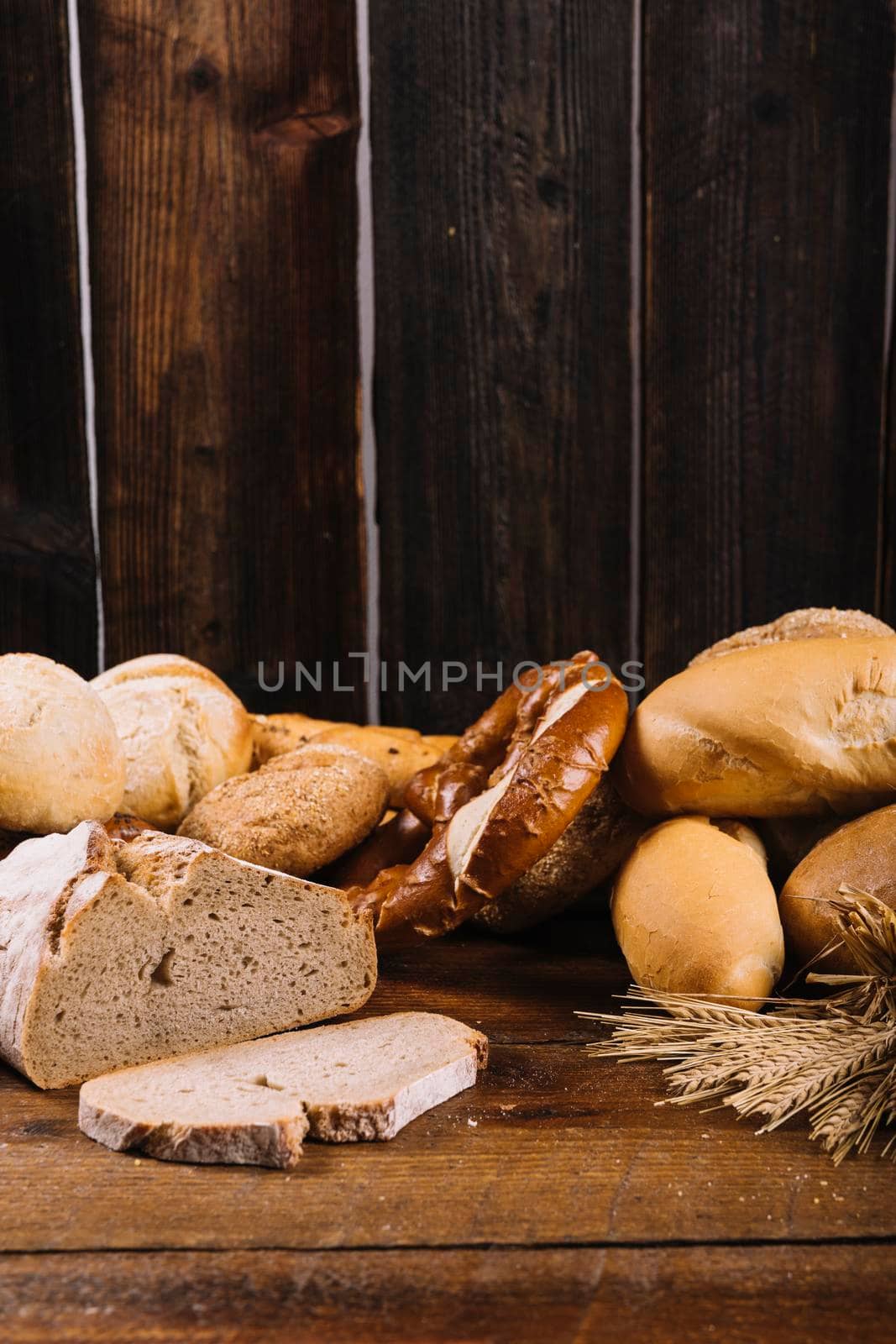 freshly baked bread wooden textured background
