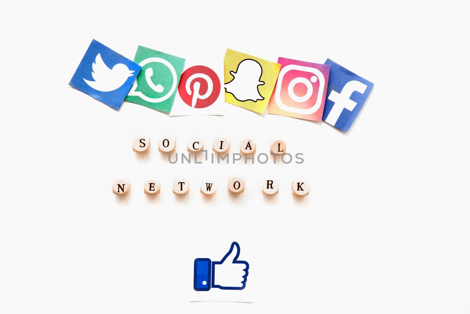 elevated view various mobile application icons social network word thumbs up sign