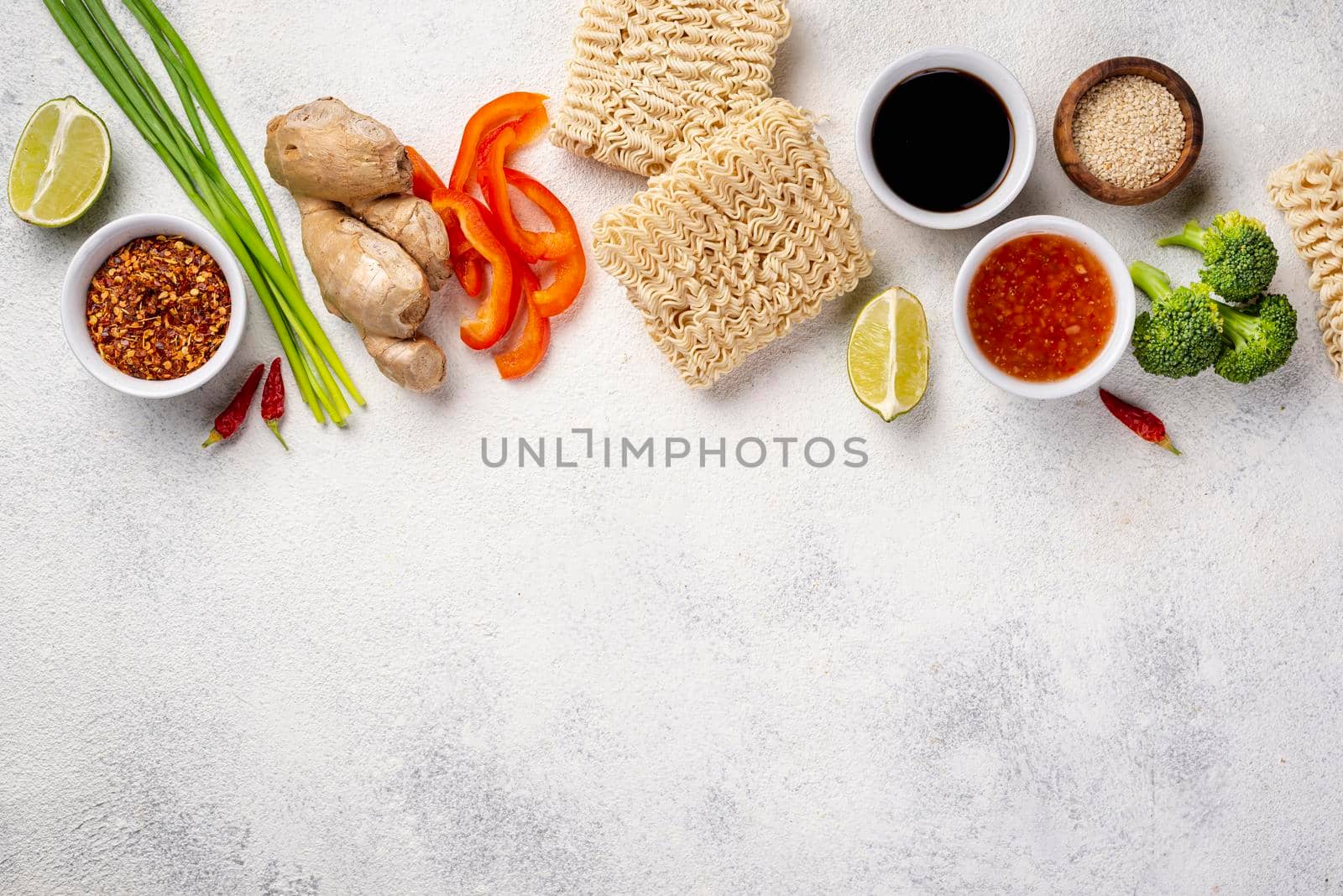 flat lay noodles spices mix with copy space by Zahard