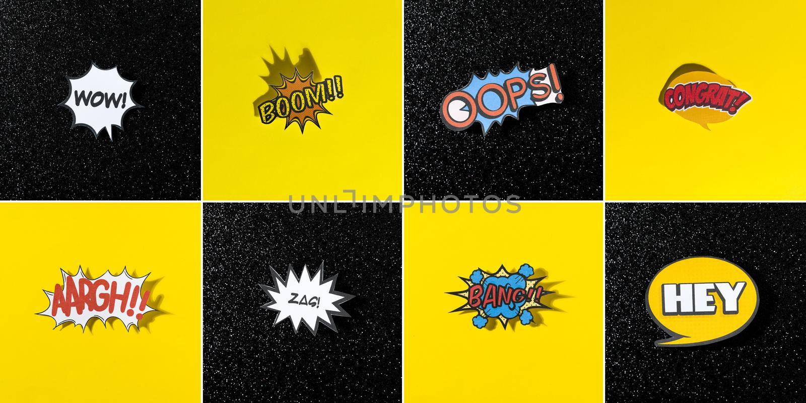 collection comic style chat bubble different word black yellow backdrop by Zahard