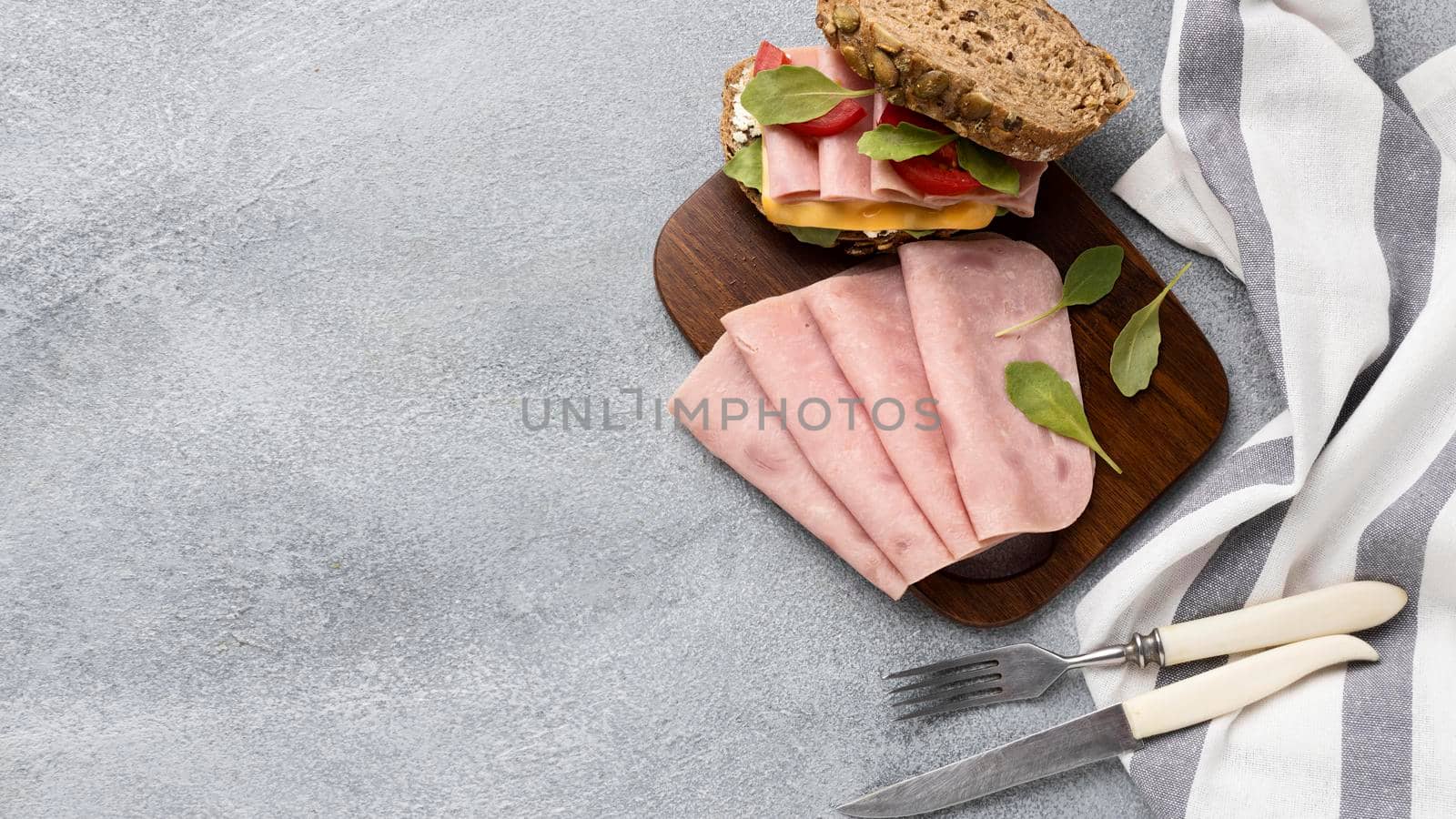 top view bacon tomatoes sandwich with copy space