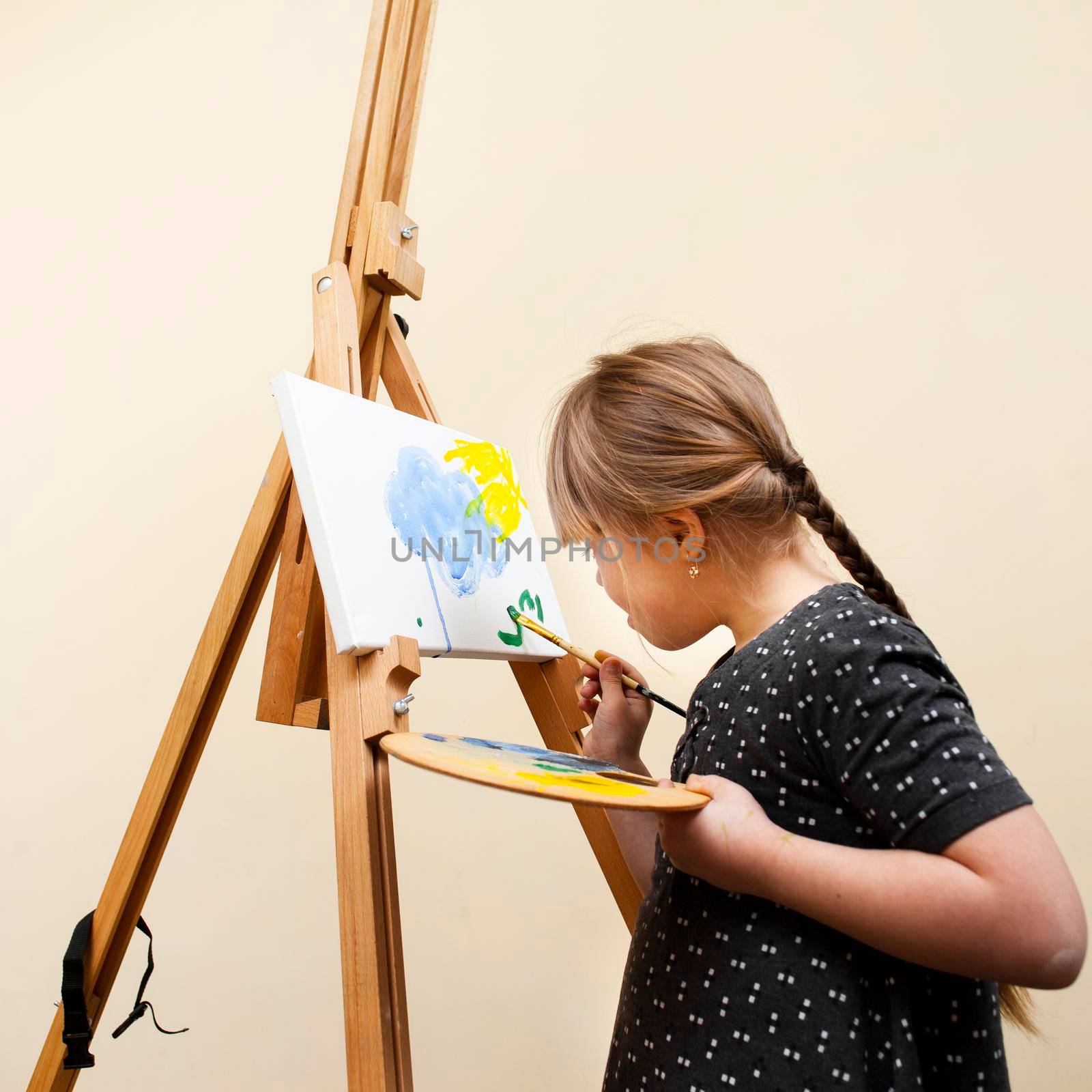 side view girl with down syndrome painting with brush by Zahard