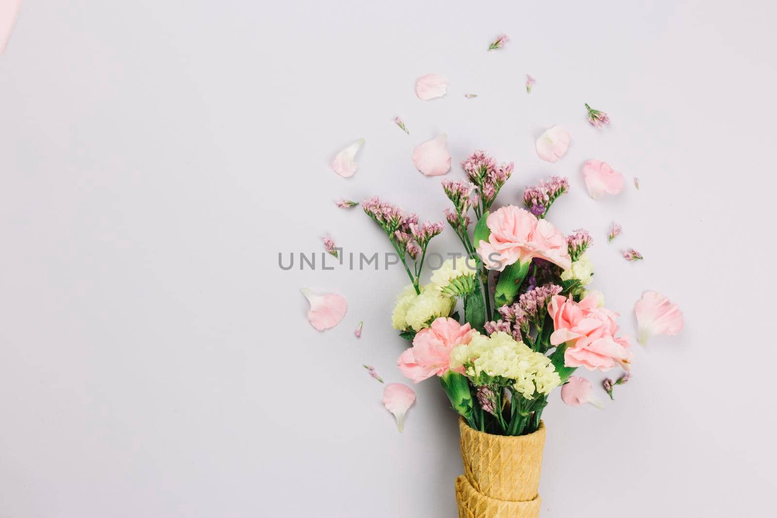 limonium carnations flowers waffle cones isolated white background