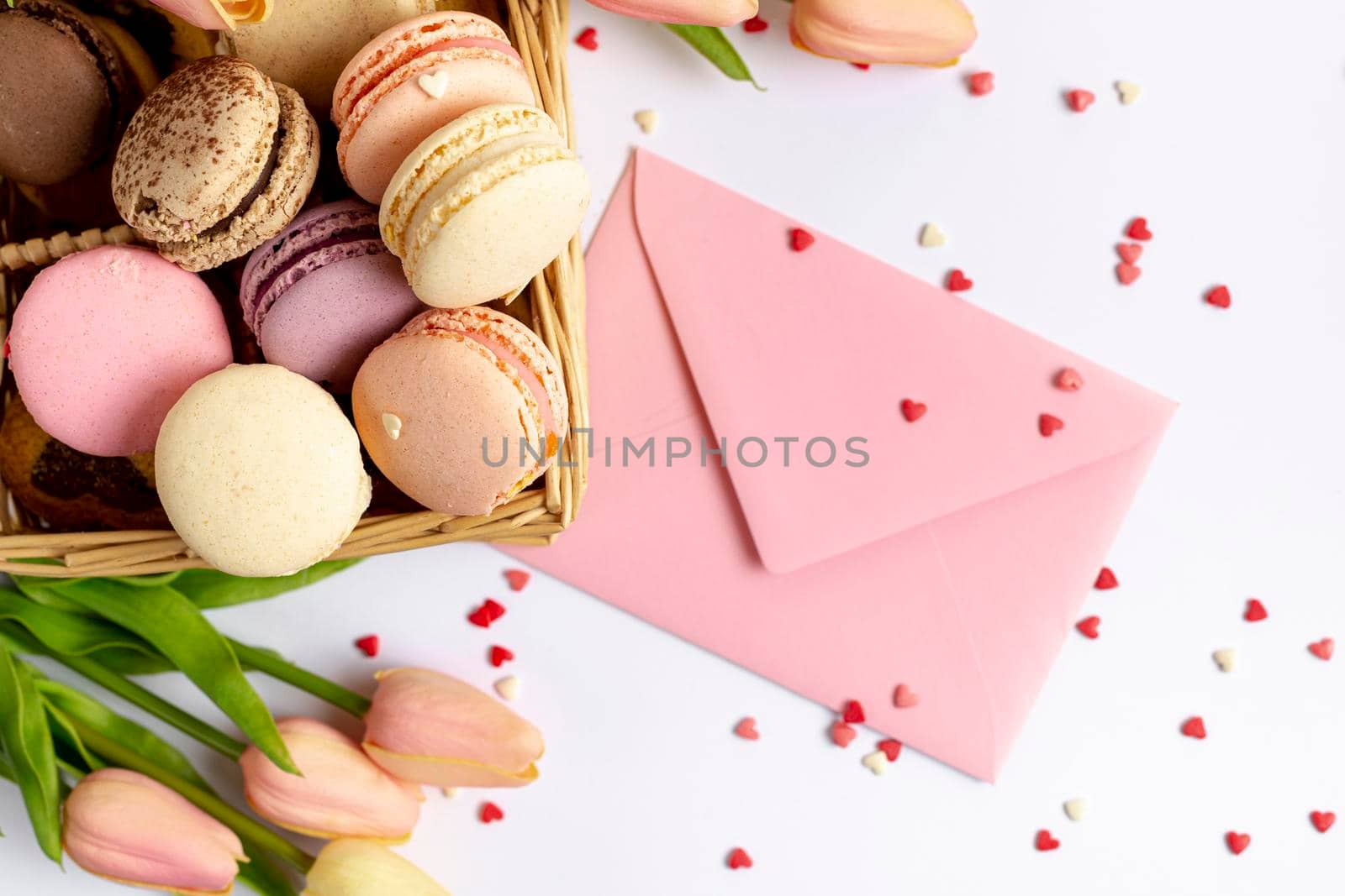 top view basket macarons envelope valentines day by Zahard